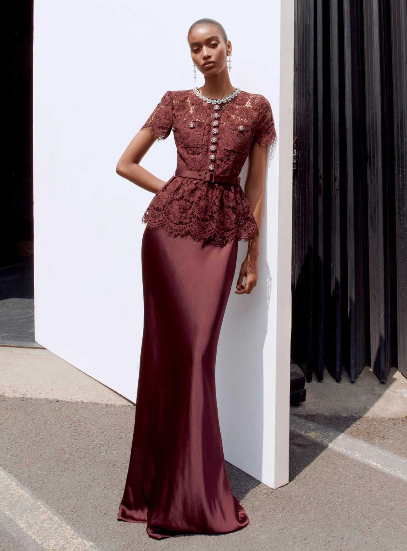 Burgundy Lace Satin Maxi Dress - Image 6