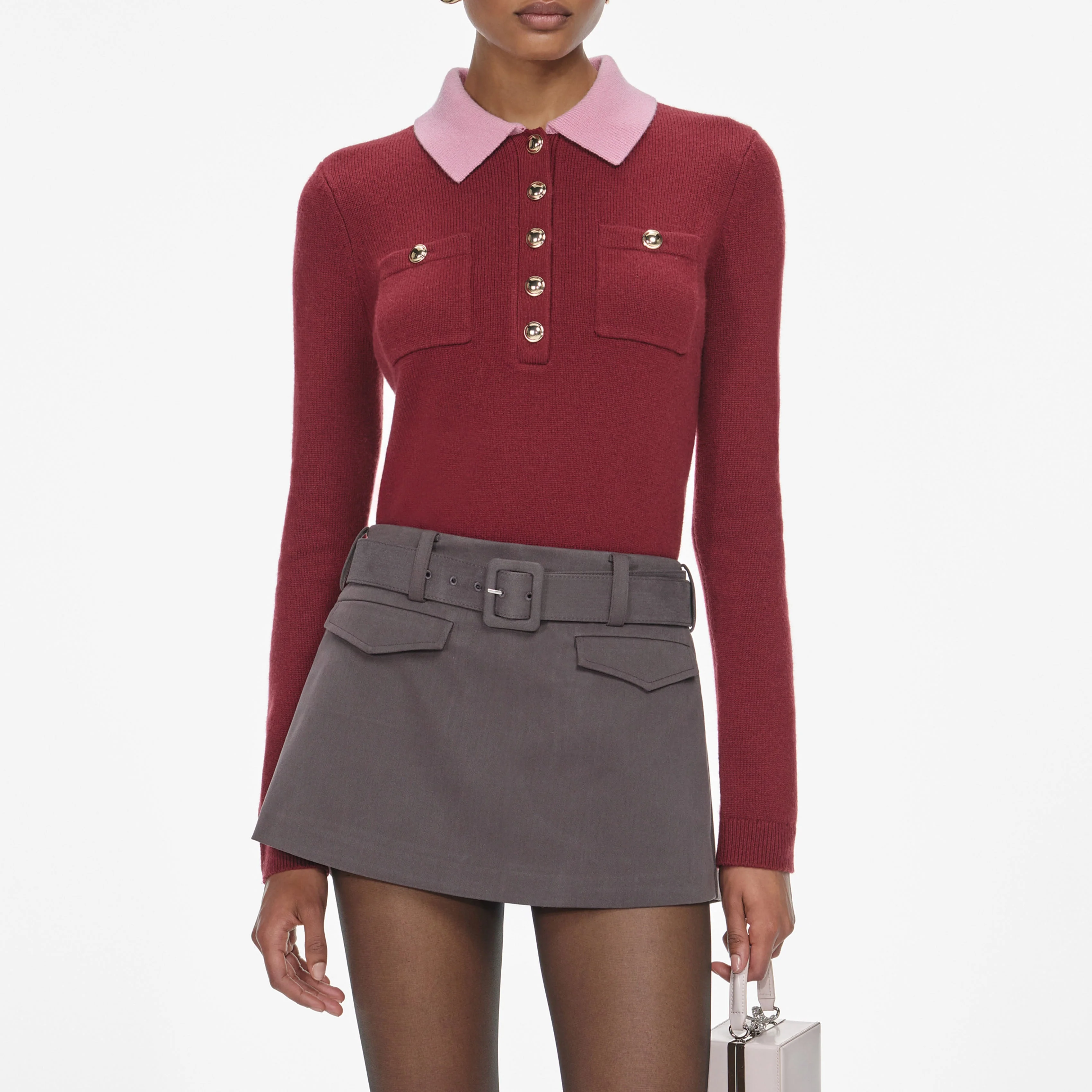Burgundy Pink Contrast Collar Knit Top - Image 4