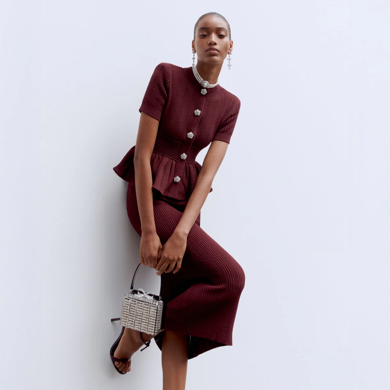 Burgundy Pointelle Knit Midi Dress - Image 6
