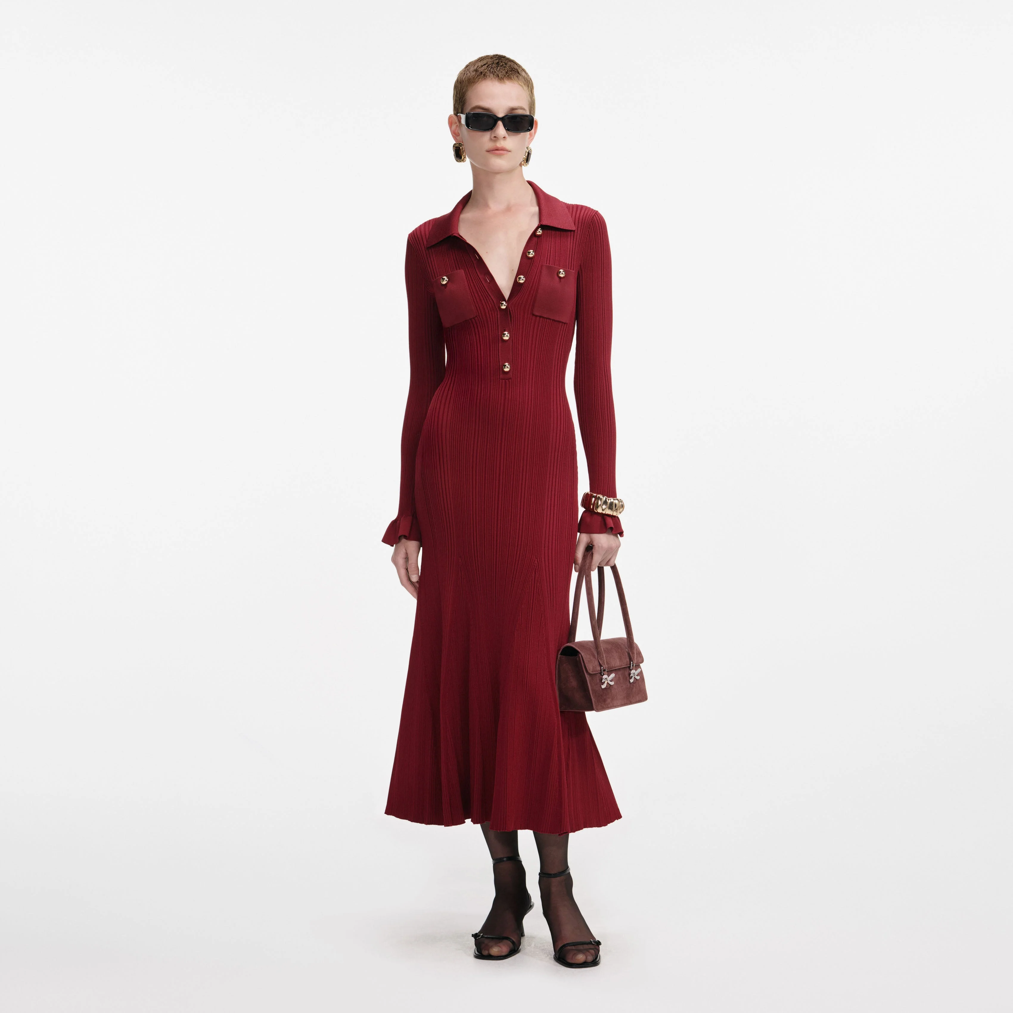 Burgundy Ribbed Knit Midi Dress