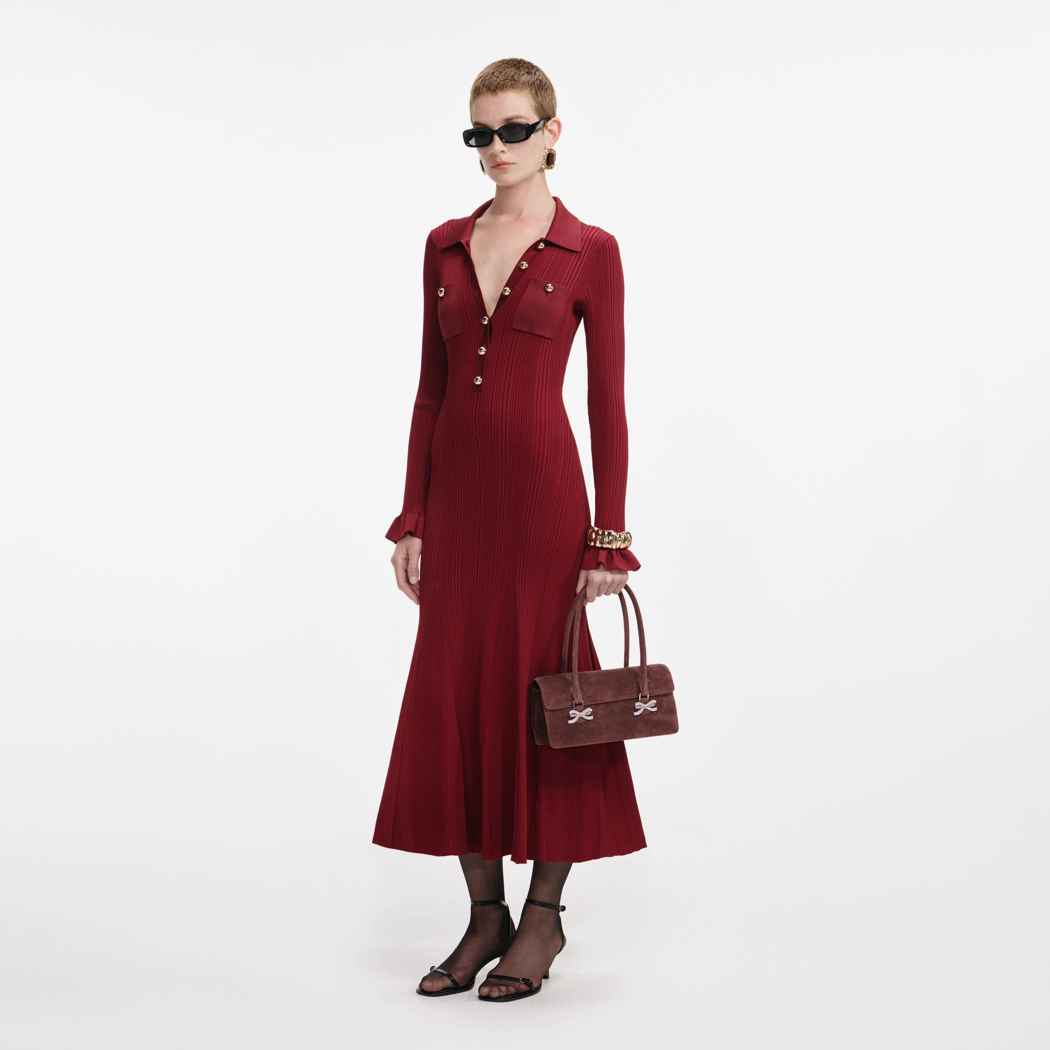 Burgundy Ribbed Knit Midi Dress - Image 2