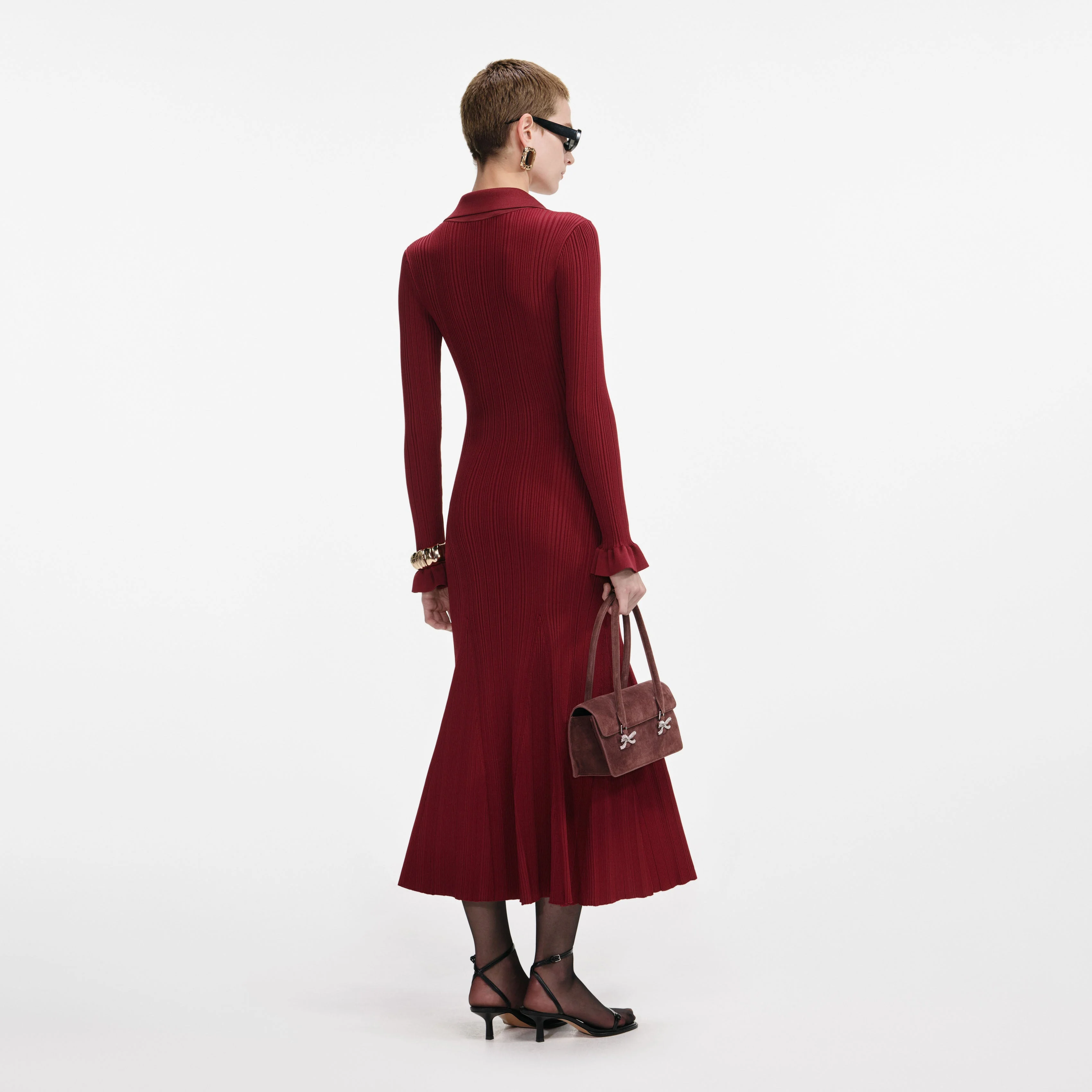 Burgundy Ribbed Knit Midi Dress - Image 3
