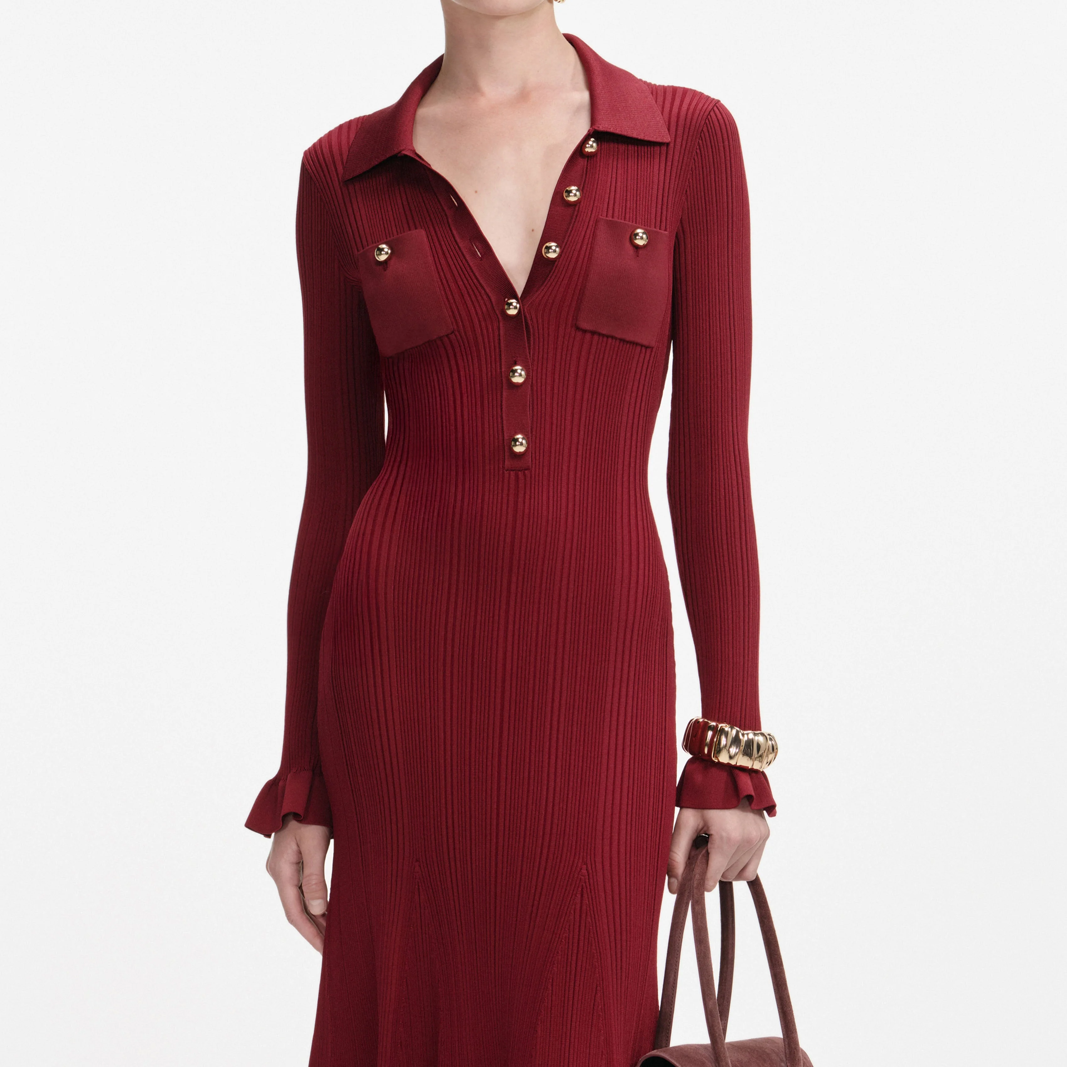 Burgundy Ribbed Knit Midi Dress - Image 4