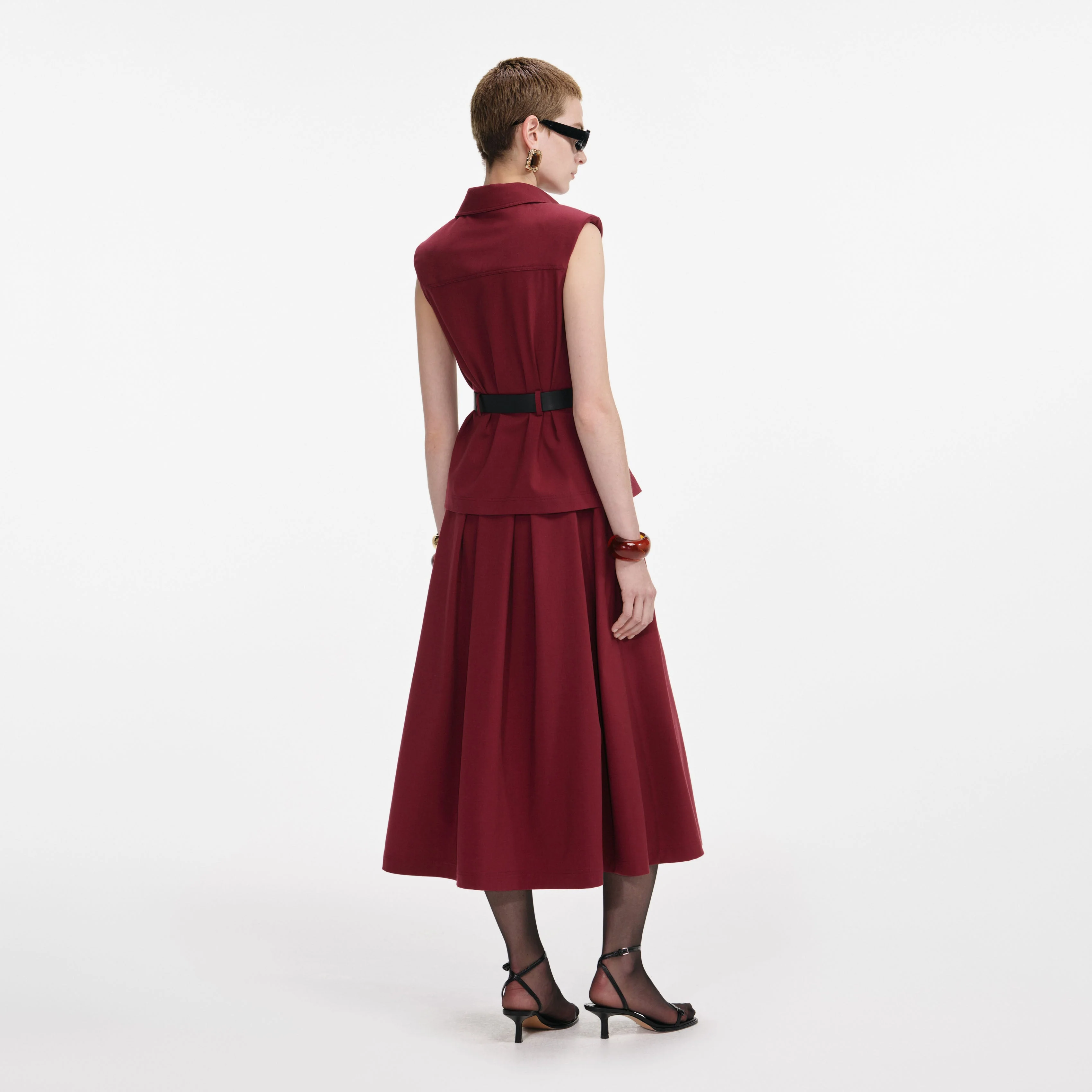 Burgundy Twill Belted Midi Dress - Image 3