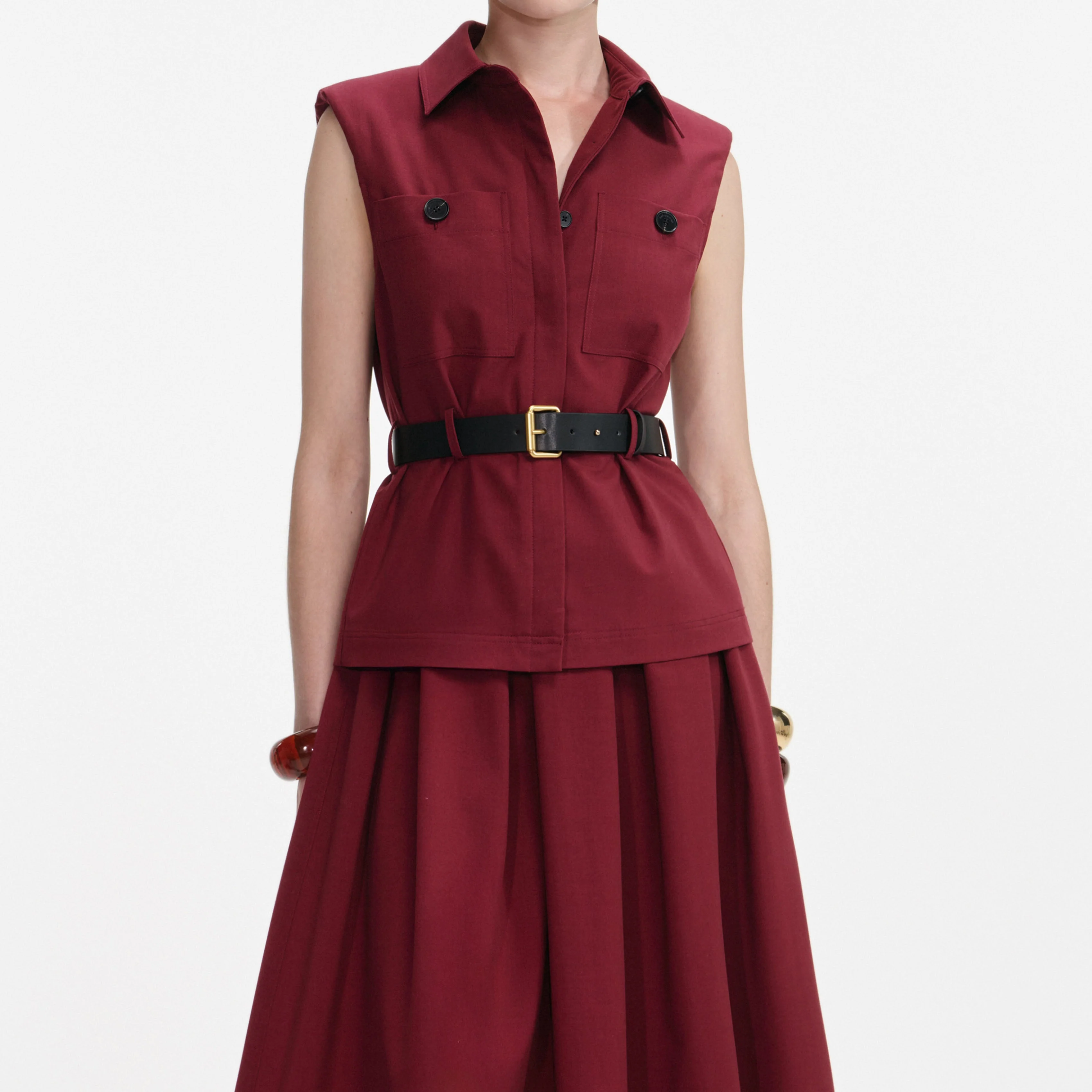 Burgundy Twill Belted Midi Dress - Image 4