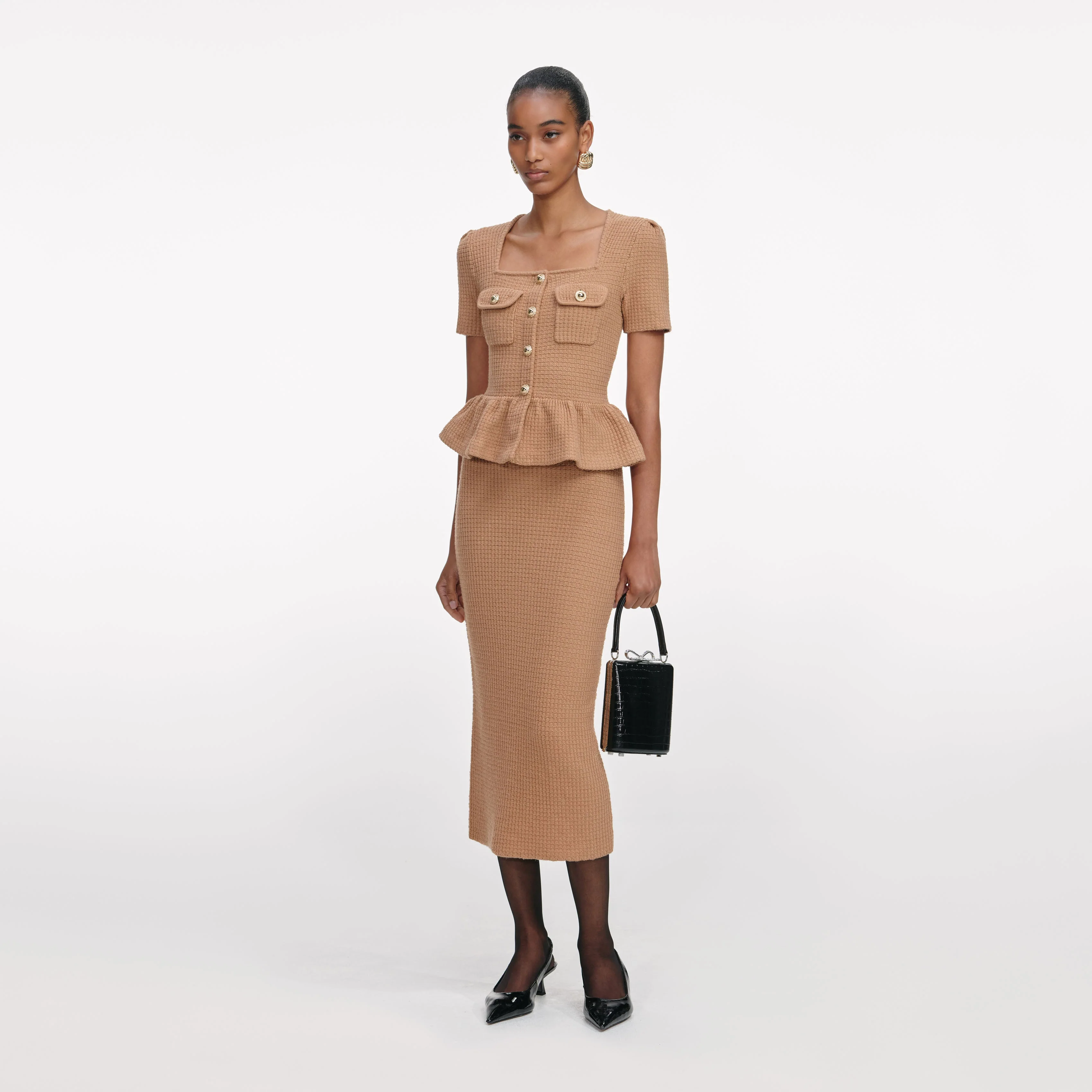 Camel Peplum Knit Midi Dress - Image 2