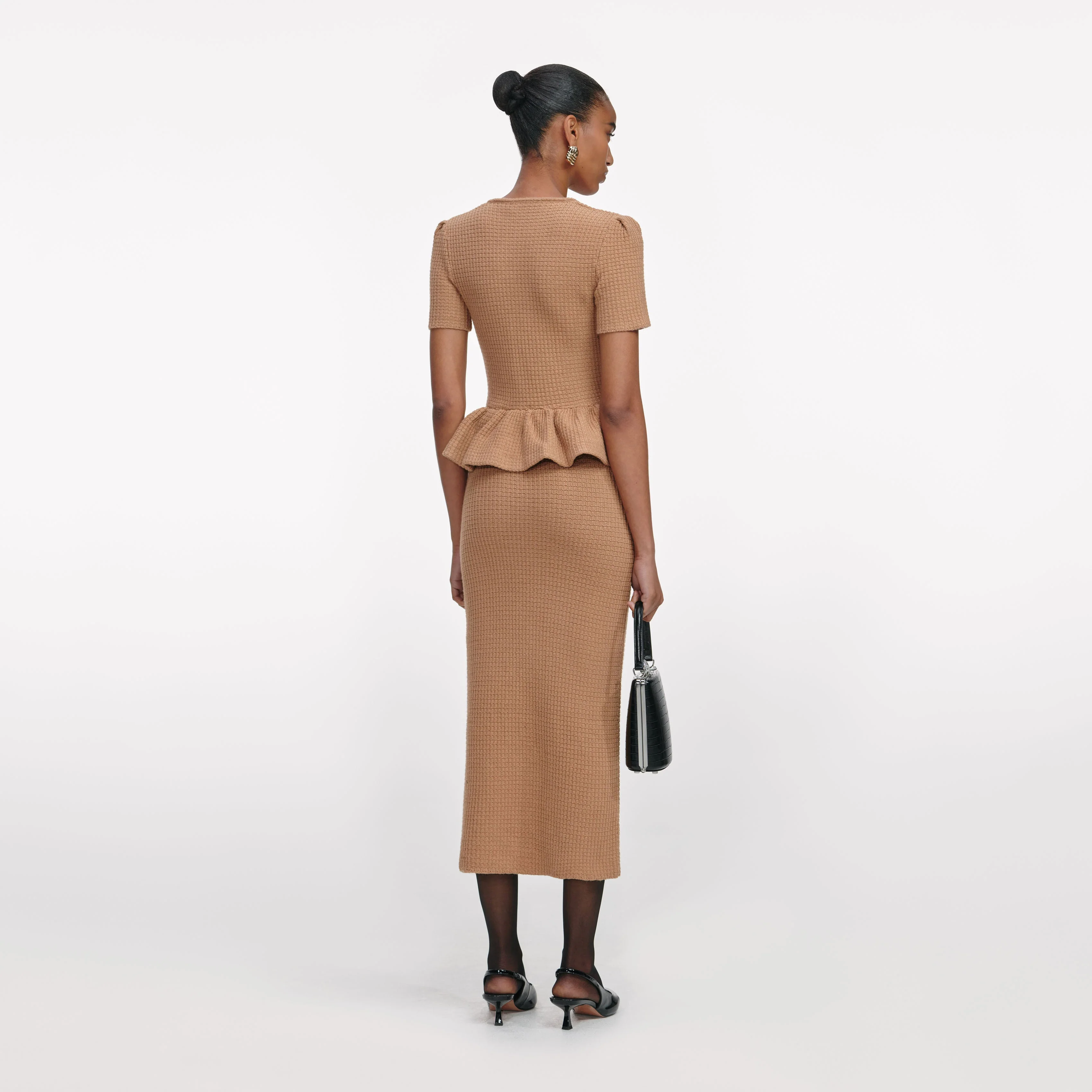 Camel Peplum Knit Midi Dress - Image 3
