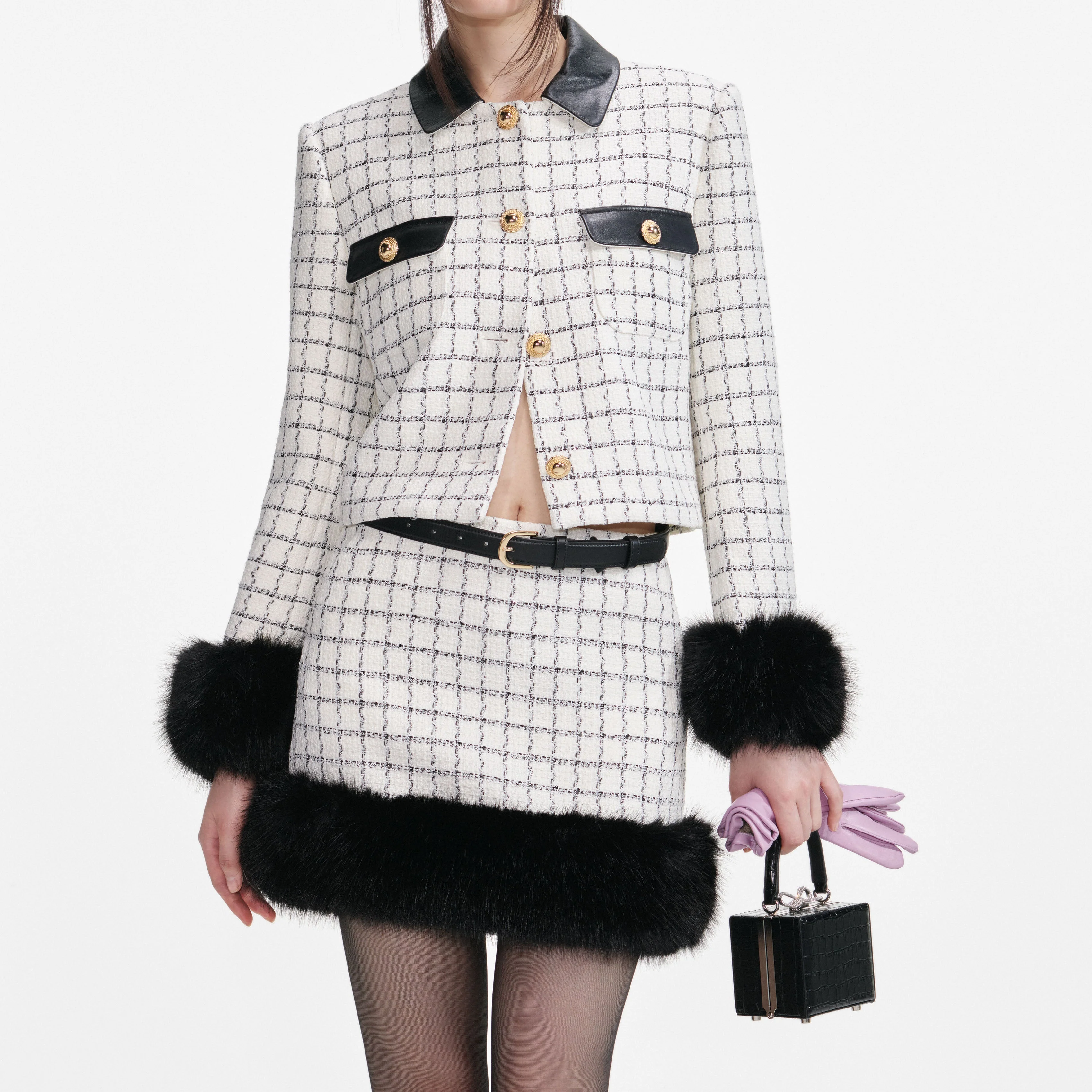 Check Boucle Fur Cuff Jacket - Image 4