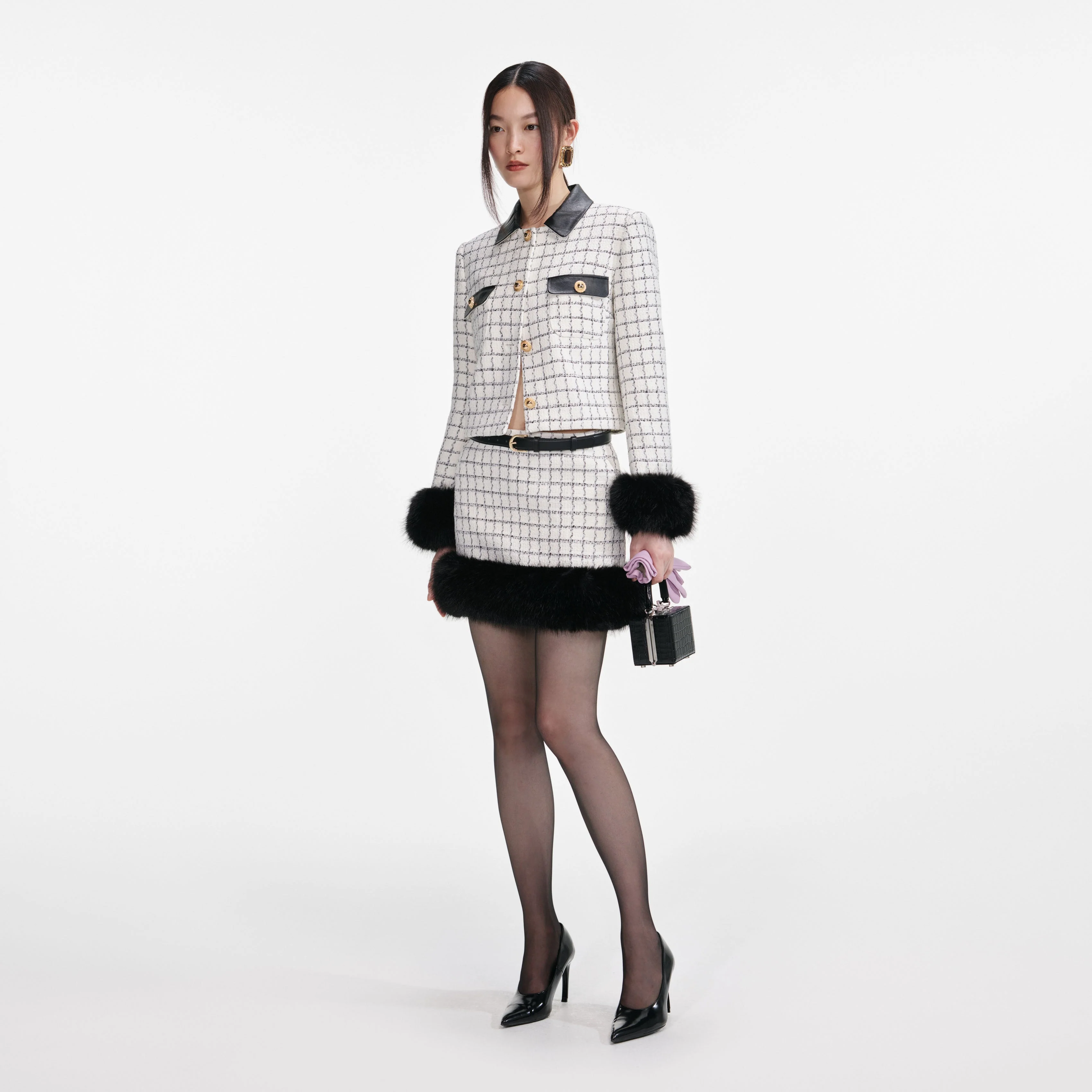 Check Boucle Fur Hem Mini Skirt - Image 2