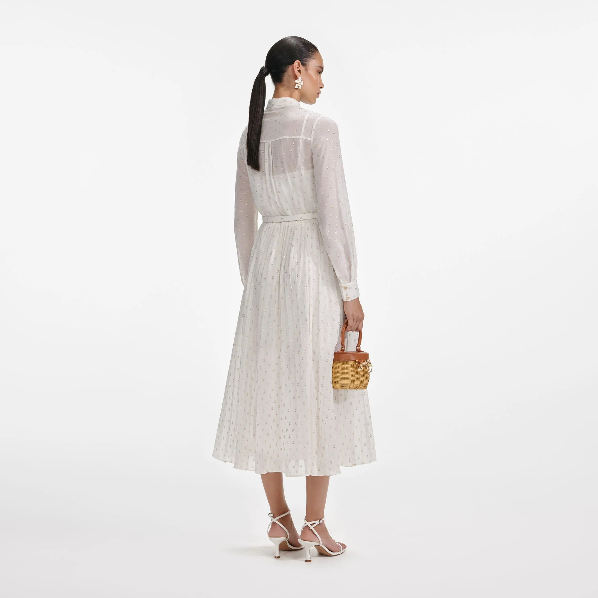 Cream And Gold Tie Neck Midi Dress - Image 3