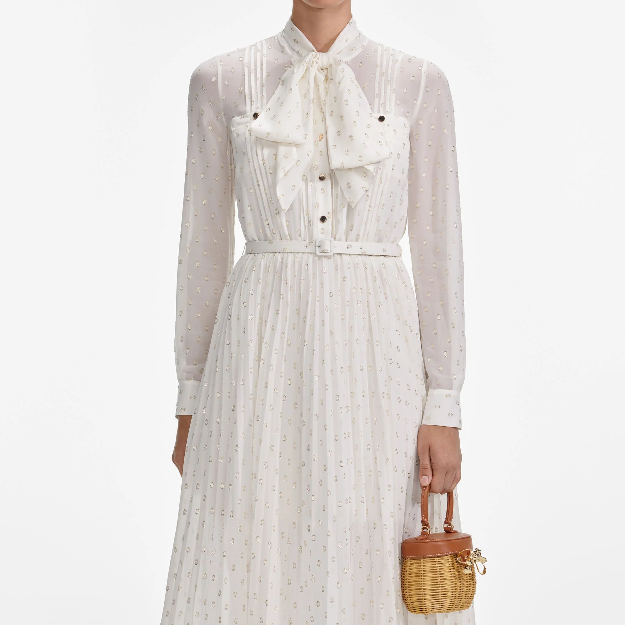 Cream And Gold Tie Neck Midi Dress - Image 4