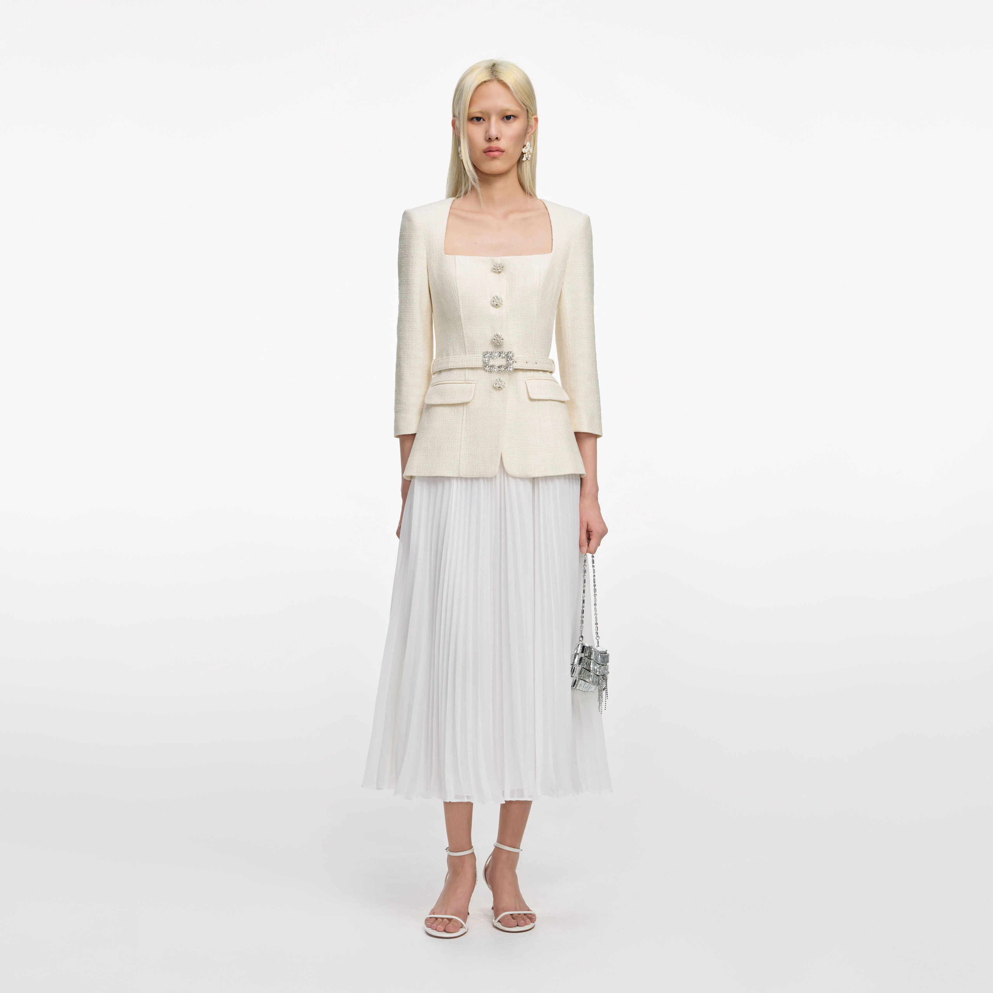 Cream Boucle Long Sleeve Chiffon Midi Dress