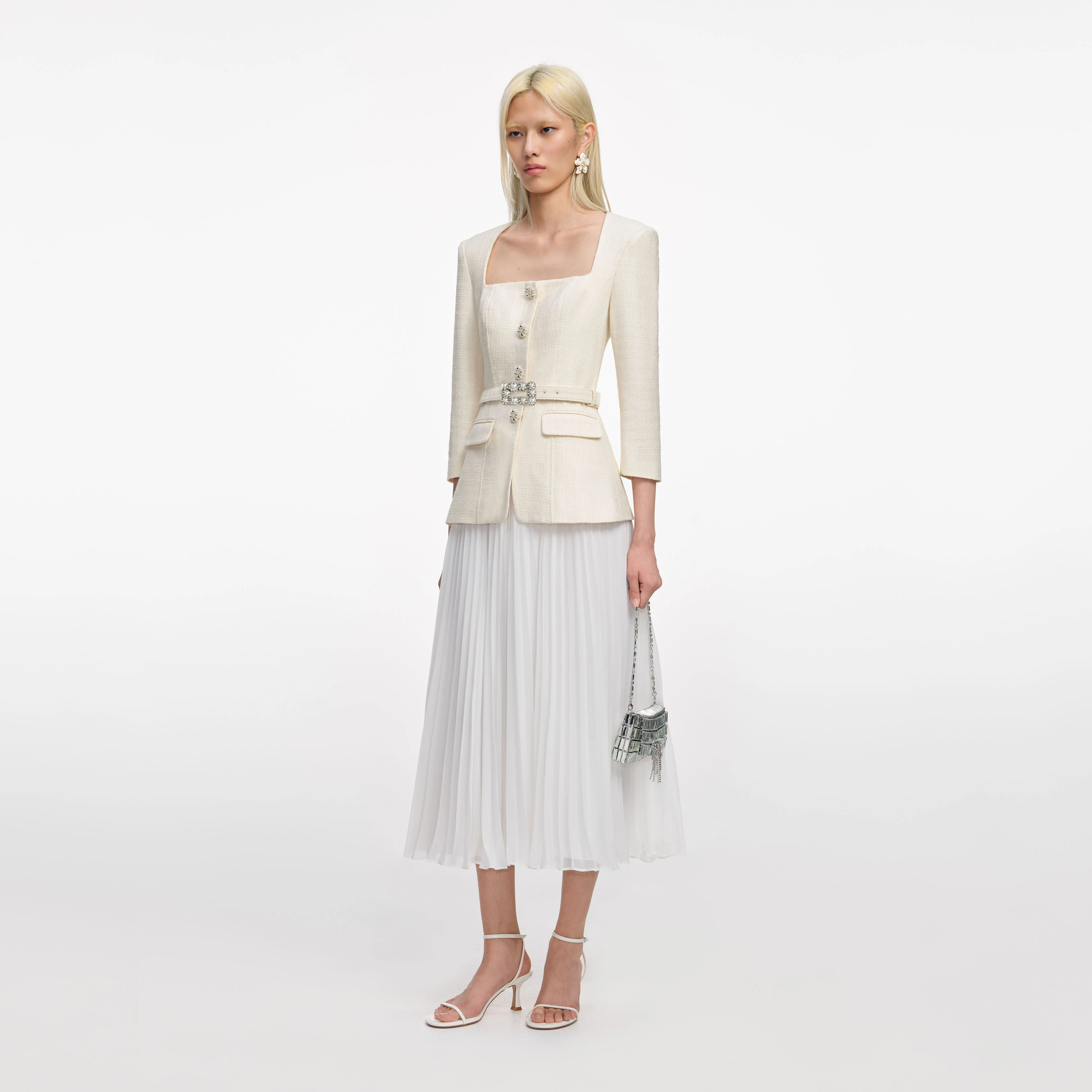 Cream Boucle Long Sleeve Chiffon Midi Dress - Image 2