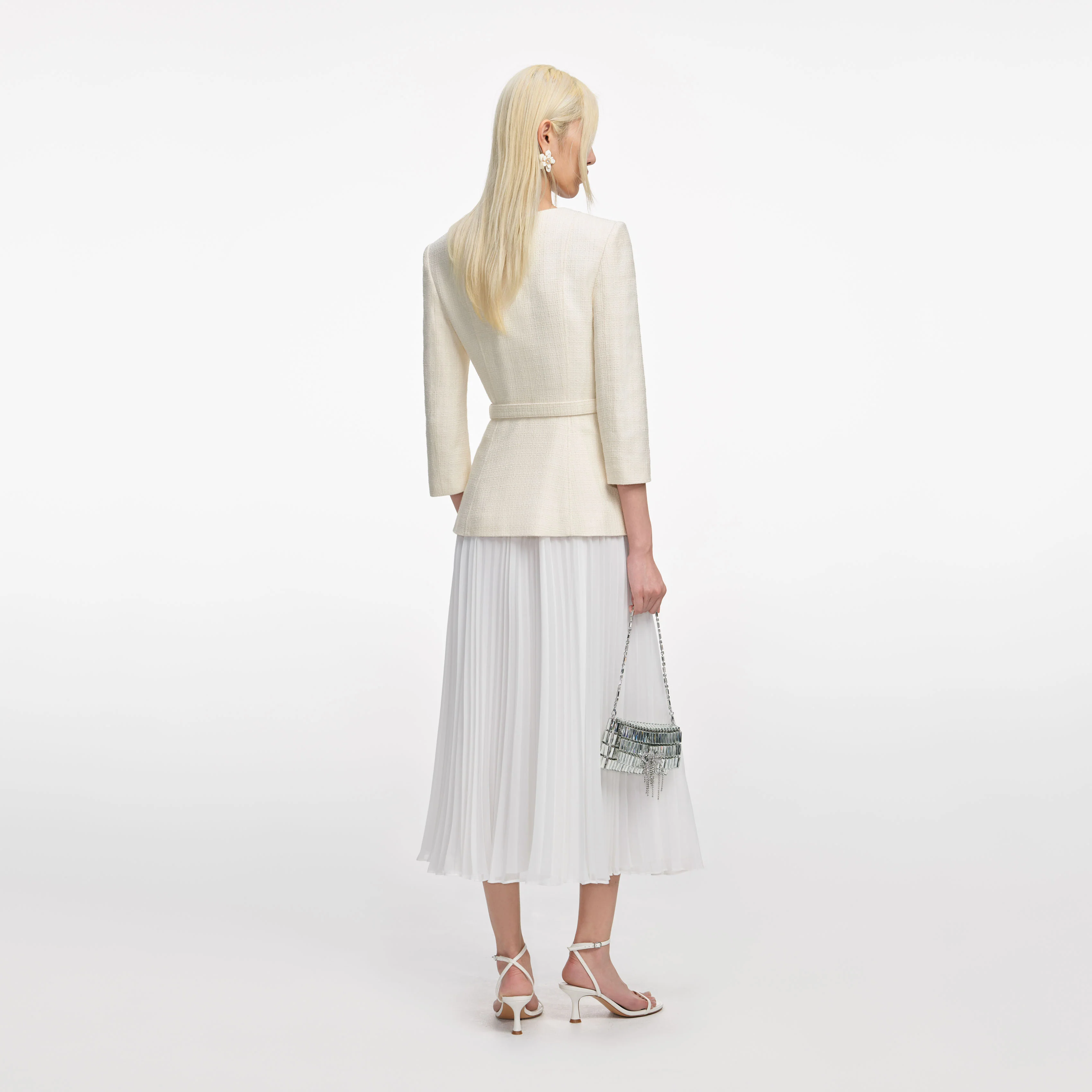 Cream Boucle Long Sleeve Chiffon Midi Dress - Image 3