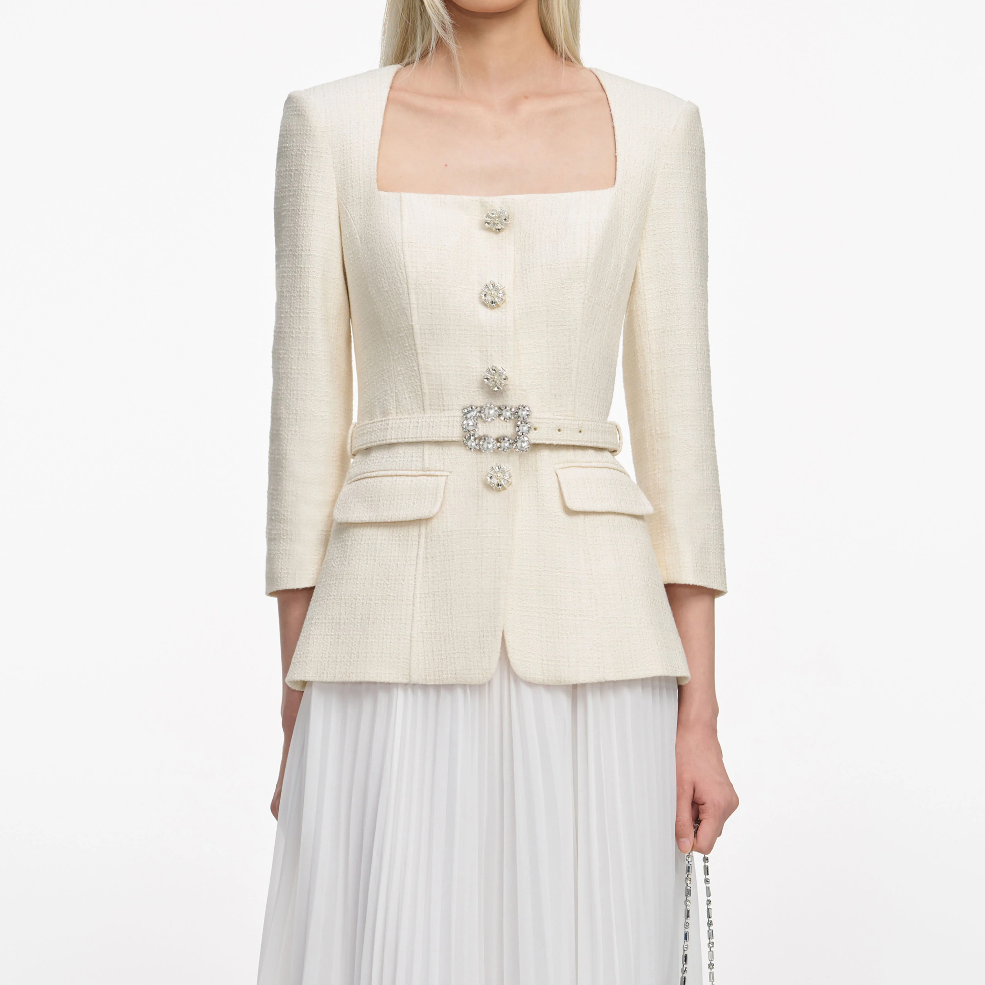 Cream Boucle Long Sleeve Chiffon Midi Dress - Image 4