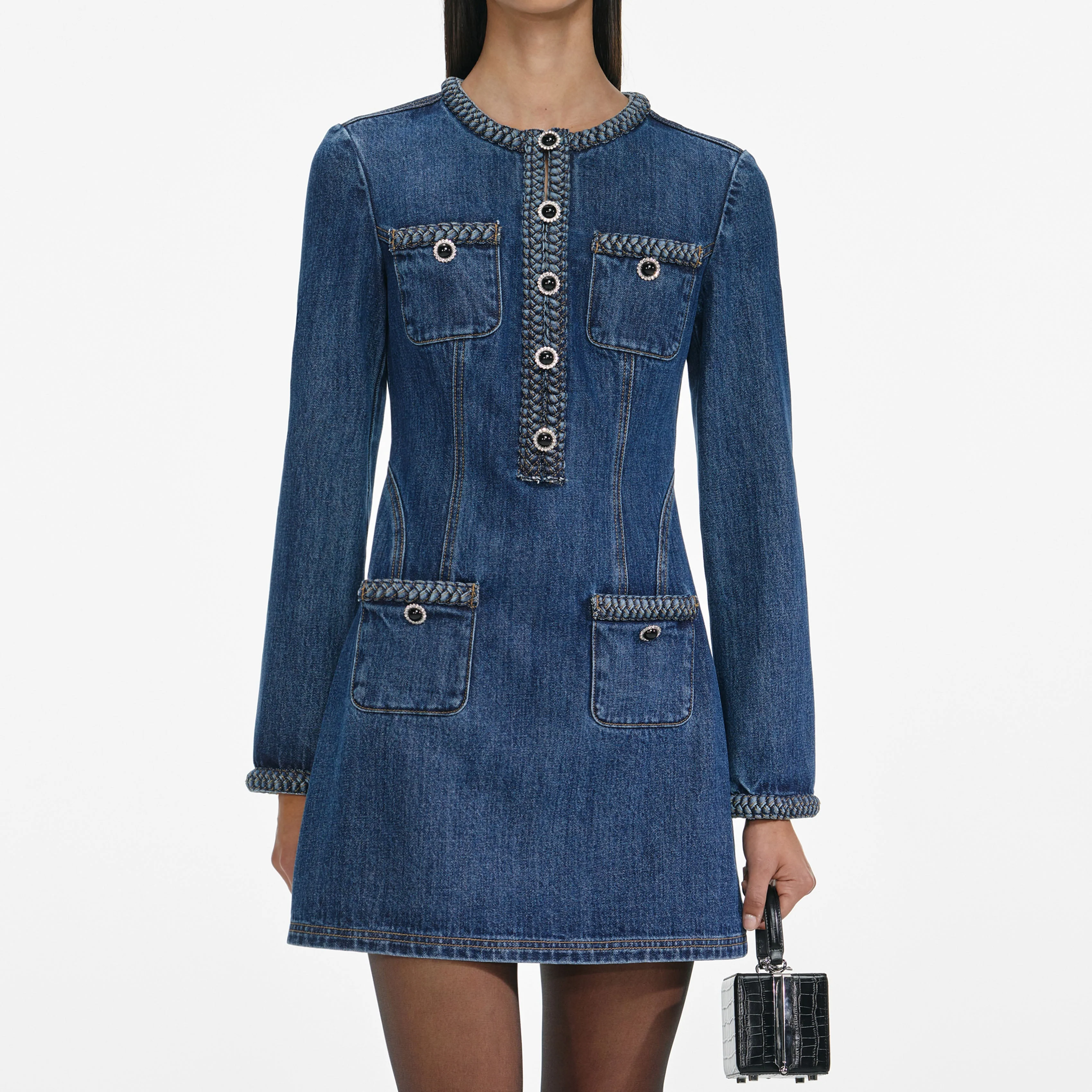 Denim Braided Mini Dress - Image 4