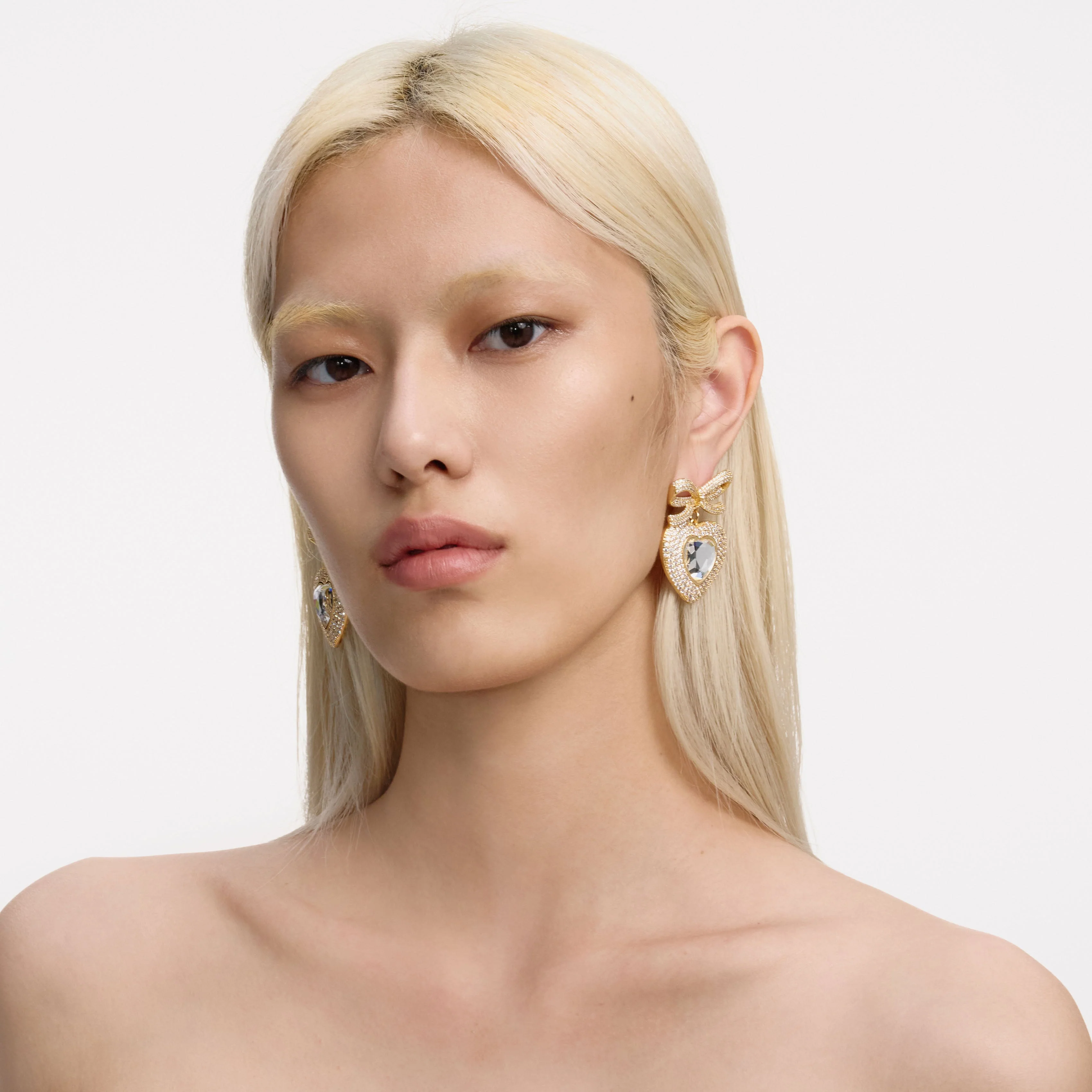 Gold Bow Crystal Heart Earrings - Image 4