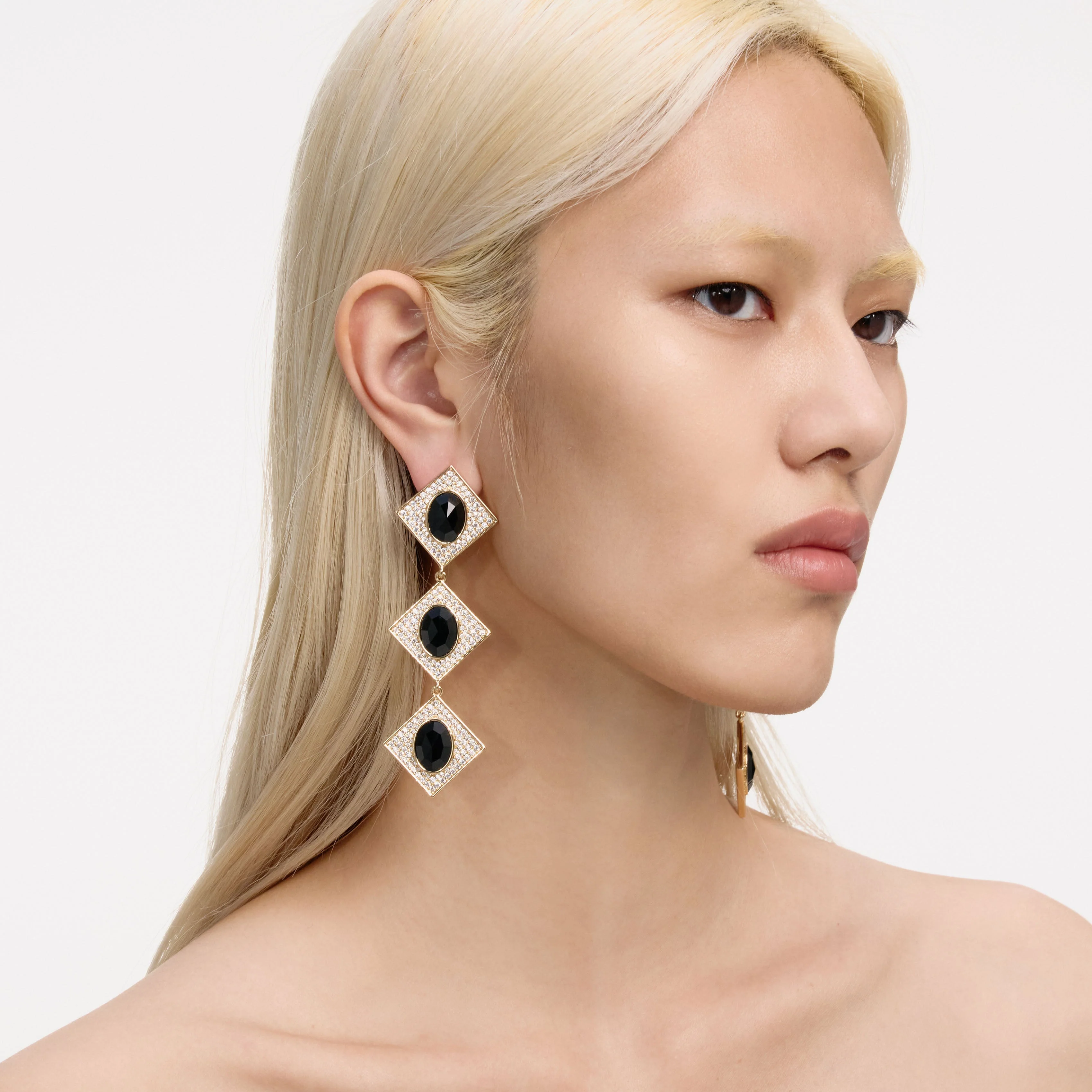 Gold Crystal Black Tiered Earrings - Image 2