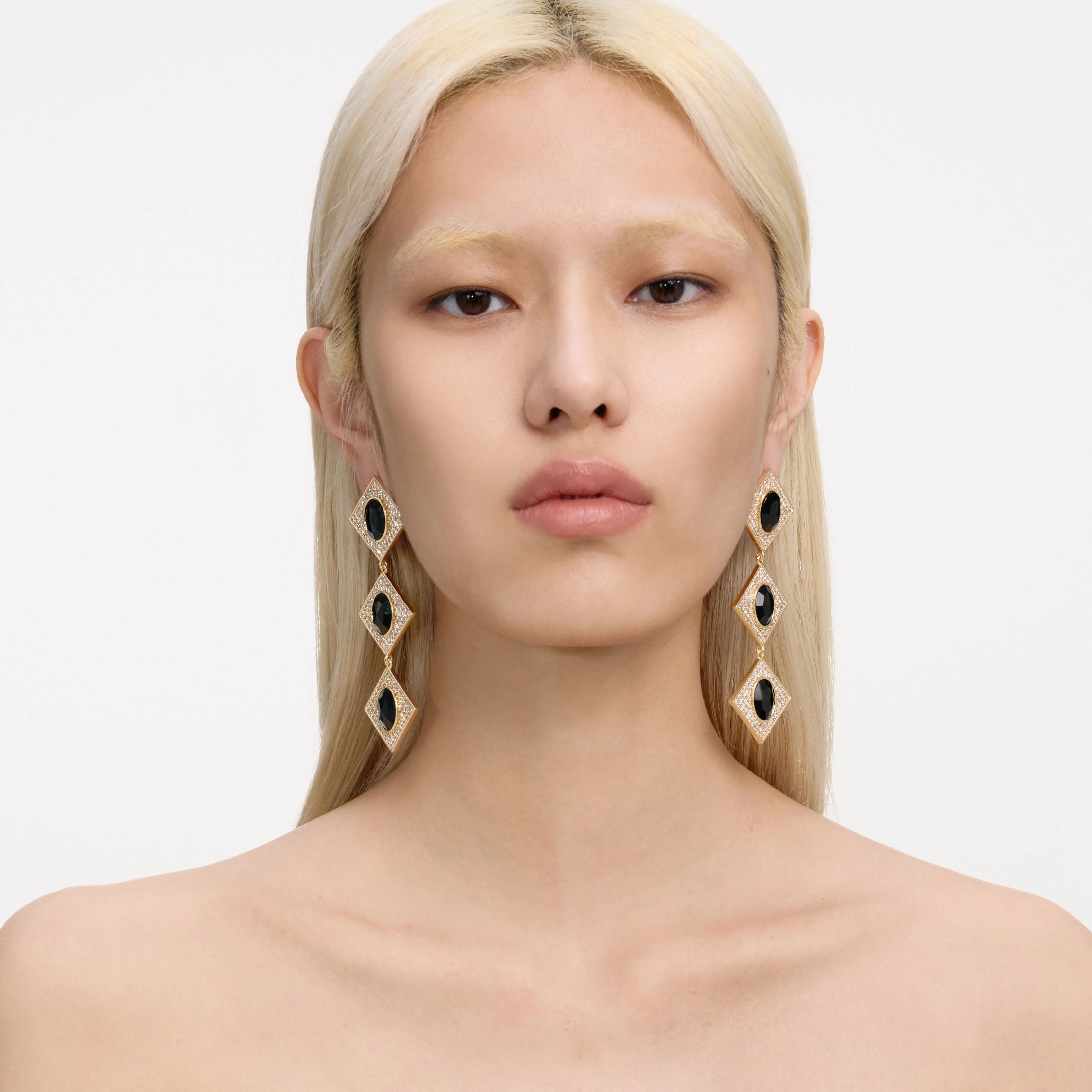 Gold Crystal Black Tiered Earrings - Image 4