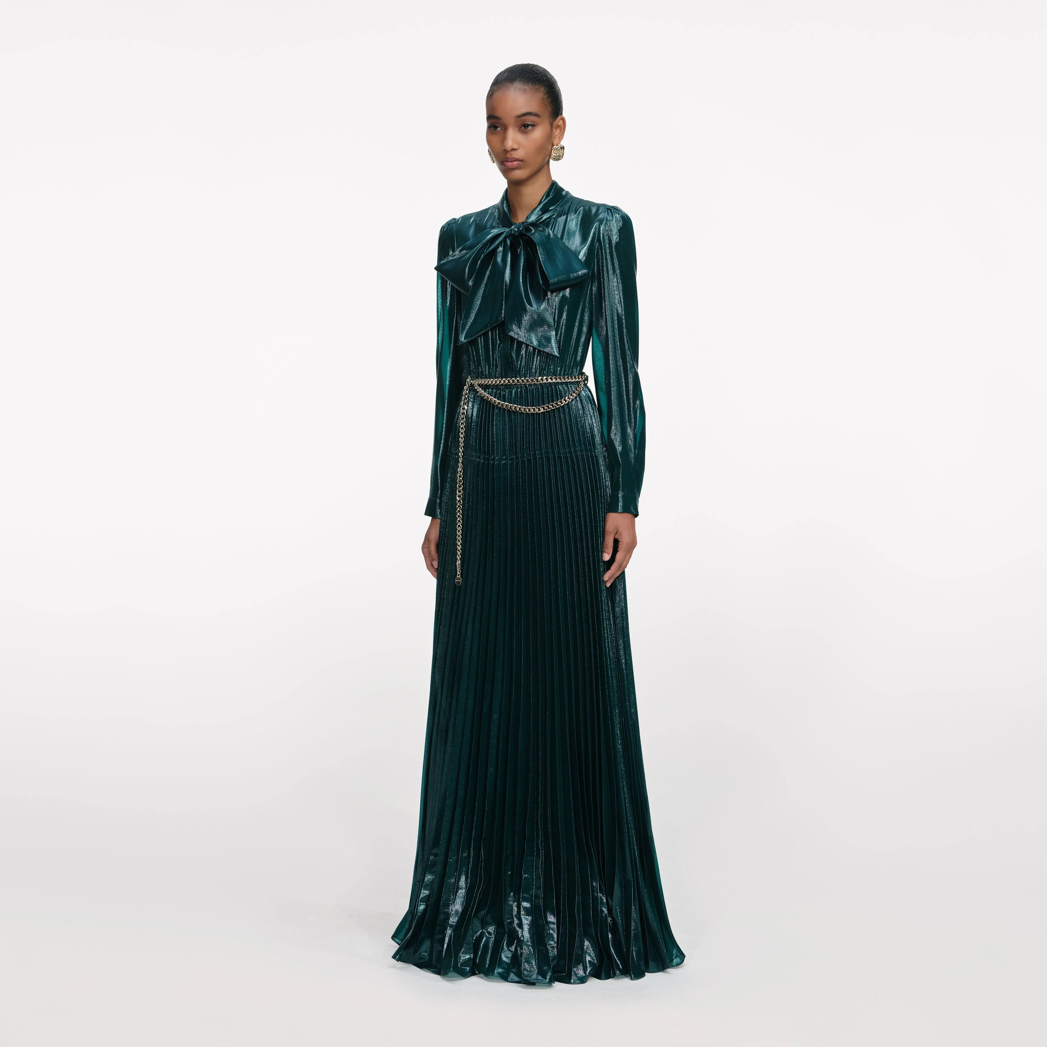Green Metallic Tie Neck Maxi Dress - Image 2