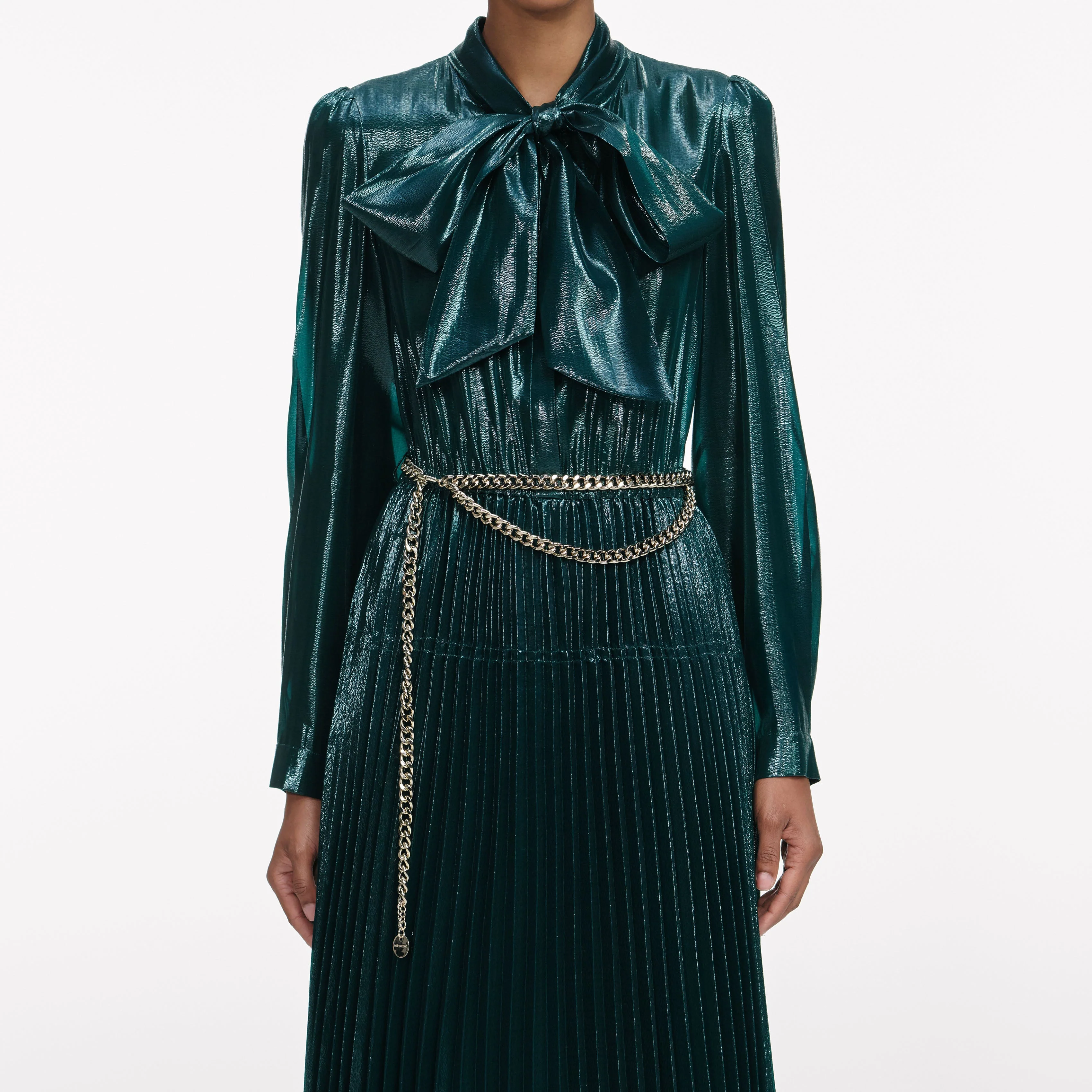 Green Metallic Tie Neck Maxi Dress - Image 4