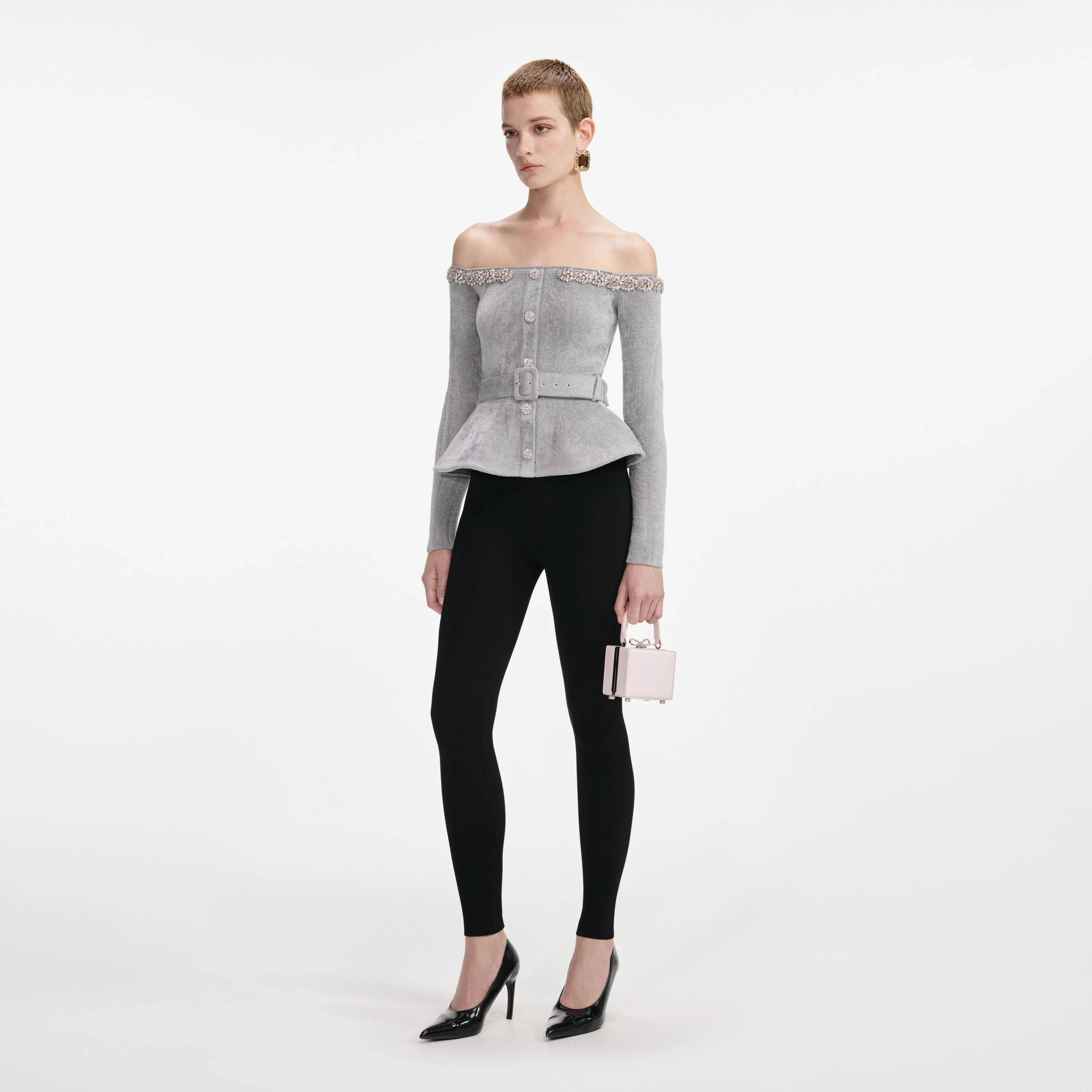 Grey Chenille Knit Crystal Trim Top - Image 2