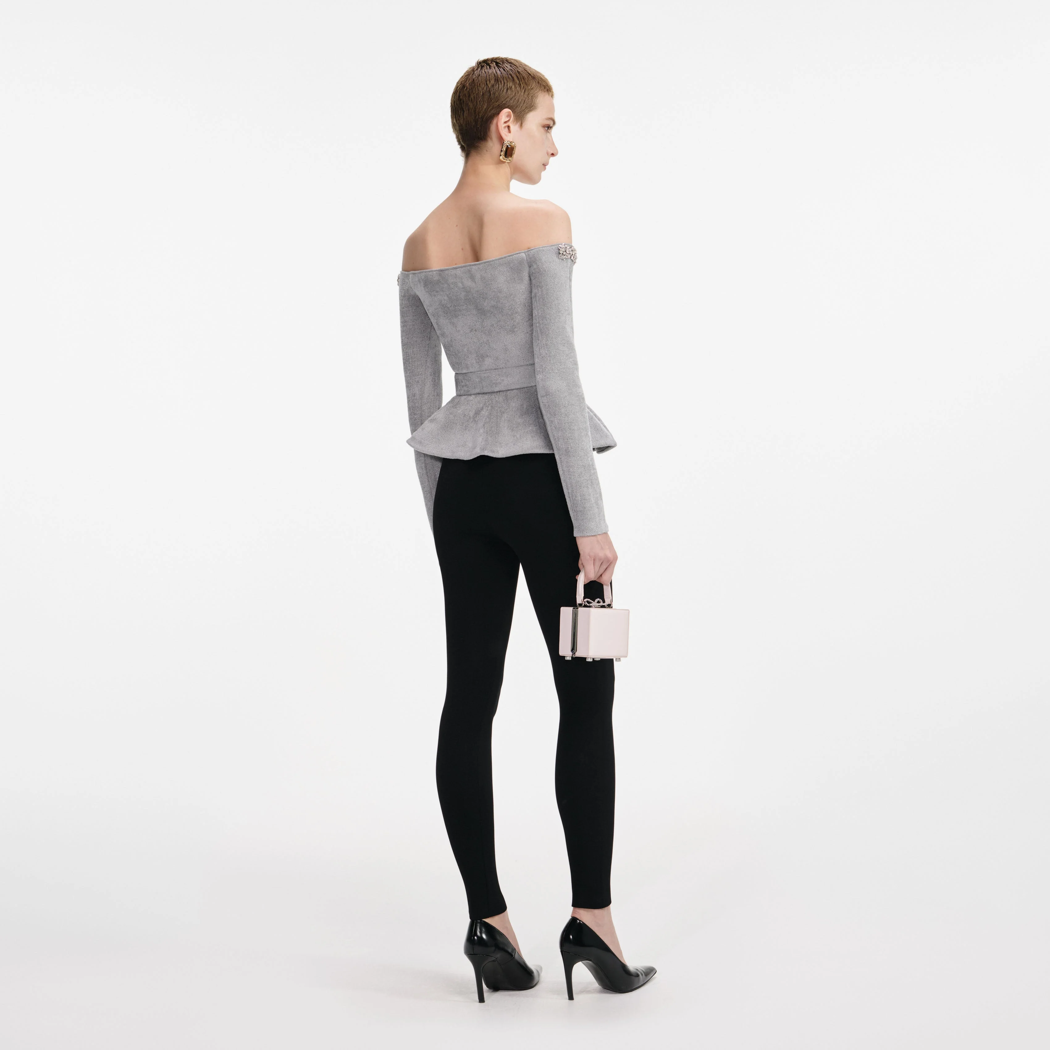 Grey Chenille Knit Crystal Trim Top - Image 3