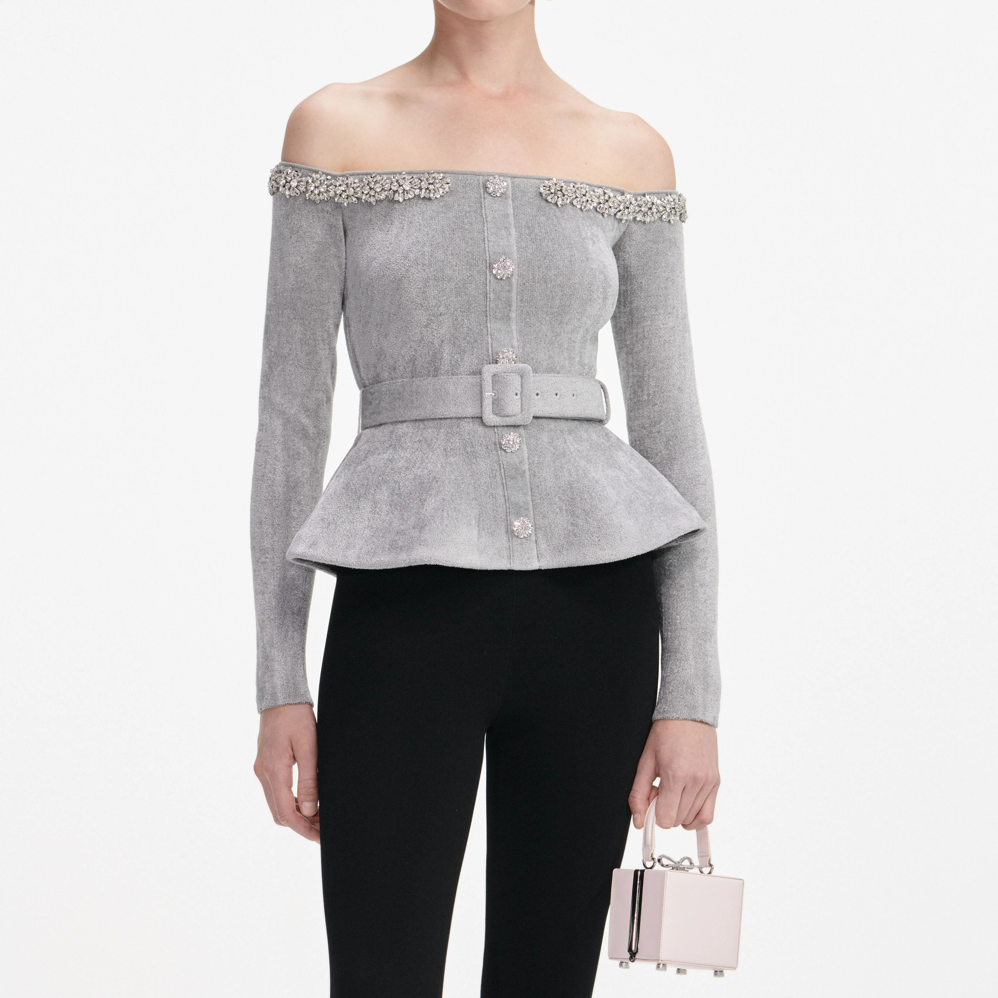 Grey Chenille Knit Crystal Trim Top - Image 4