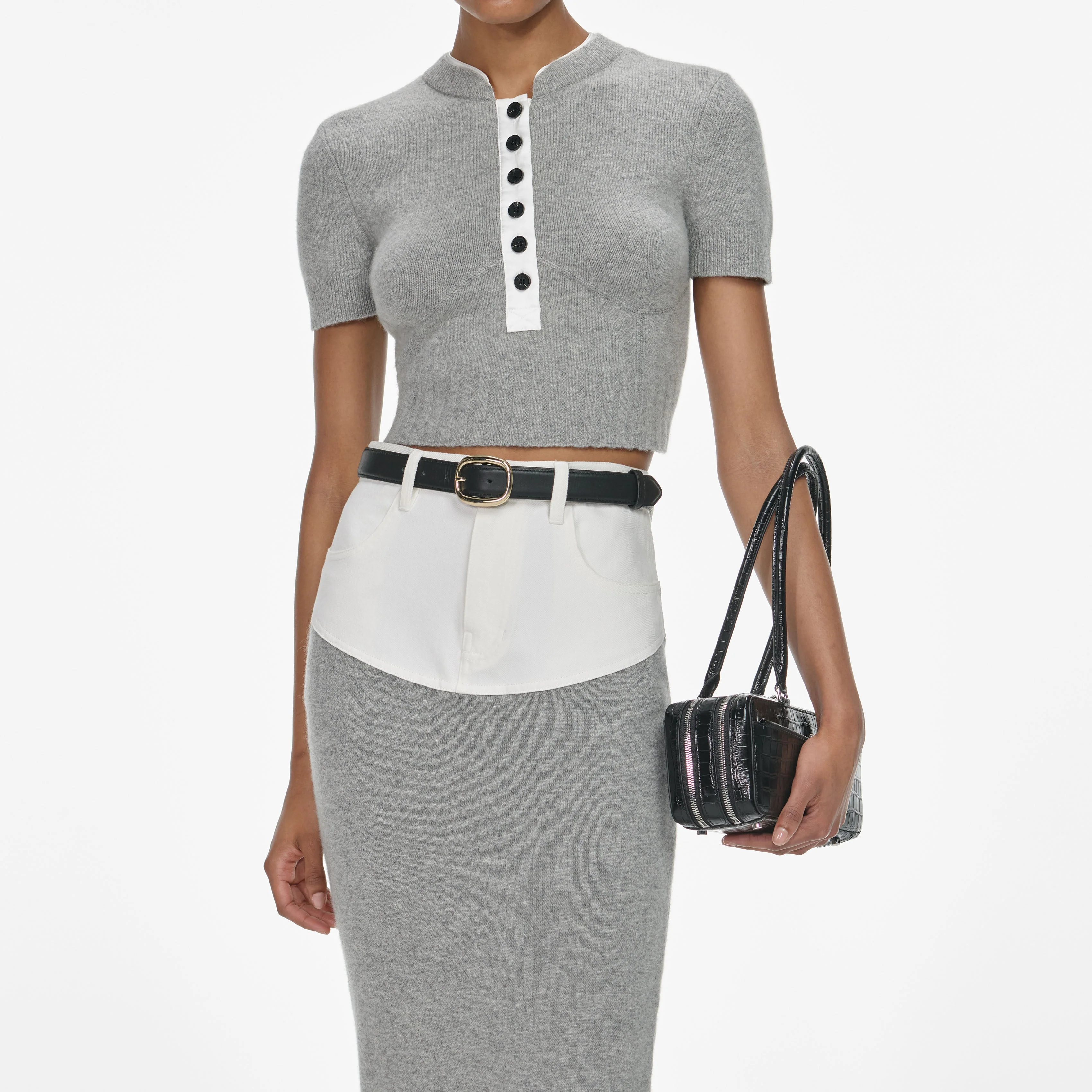 Grey Knit Denim Insert Midi Skirt - Image 4