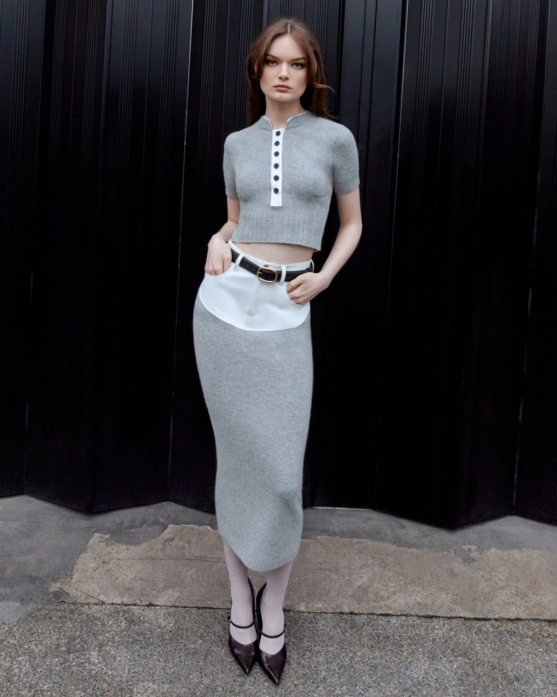 Grey Knit Denim Insert Midi Skirt - Image 6
