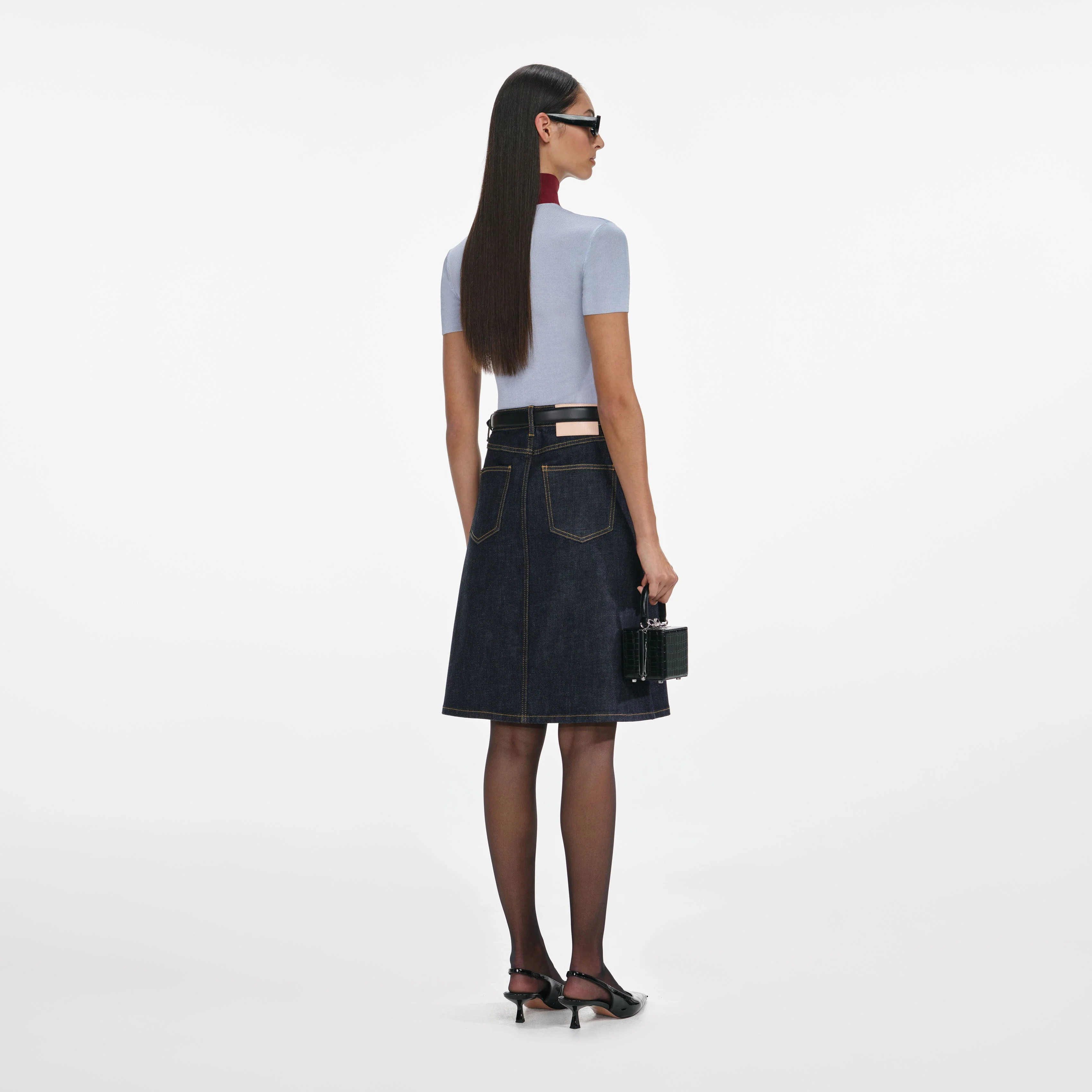 Indigo Denim Belted Midi Skirt - Image 3