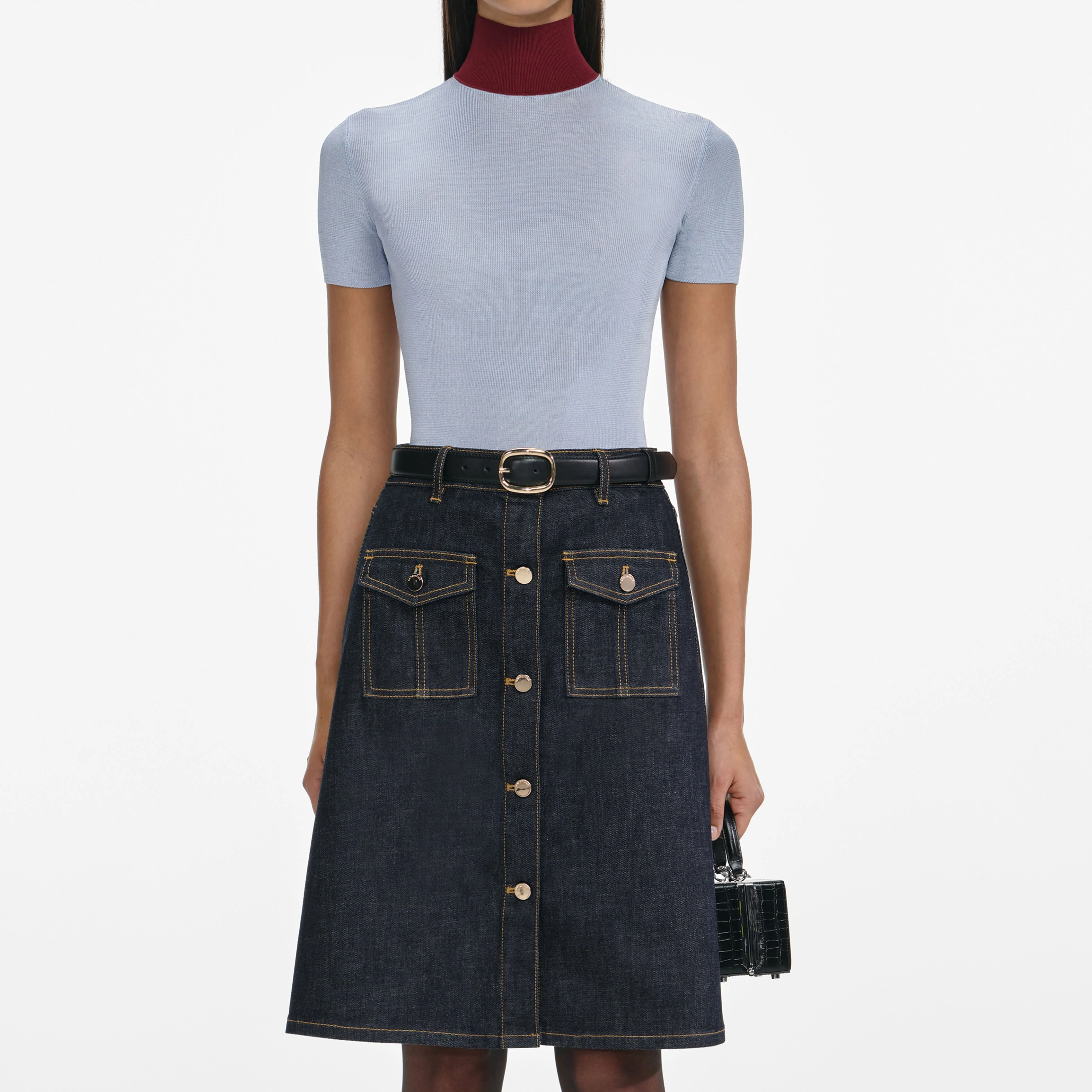 Indigo Denim Belted Midi Skirt - Image 4