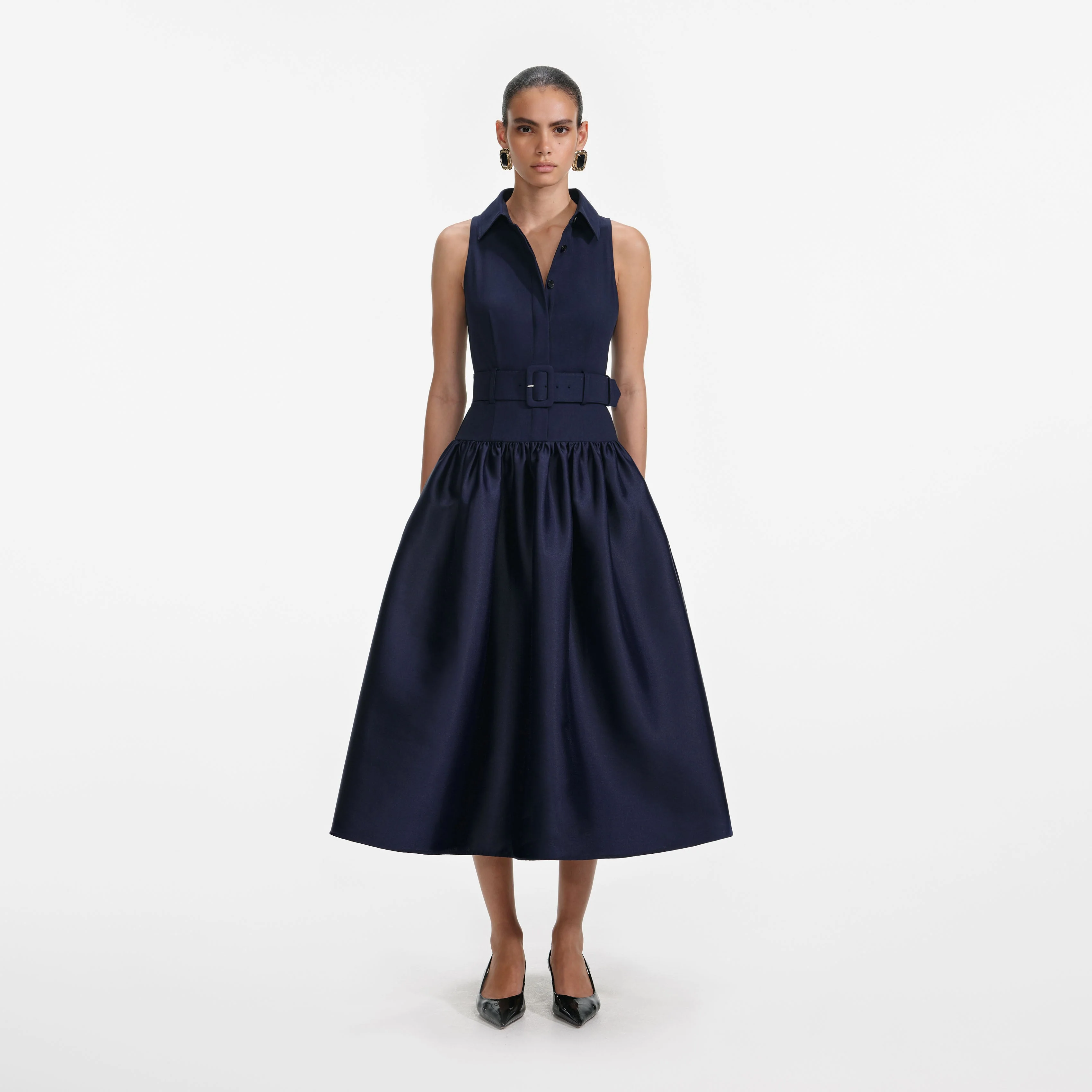 Navy Belted Twill Midi Dress