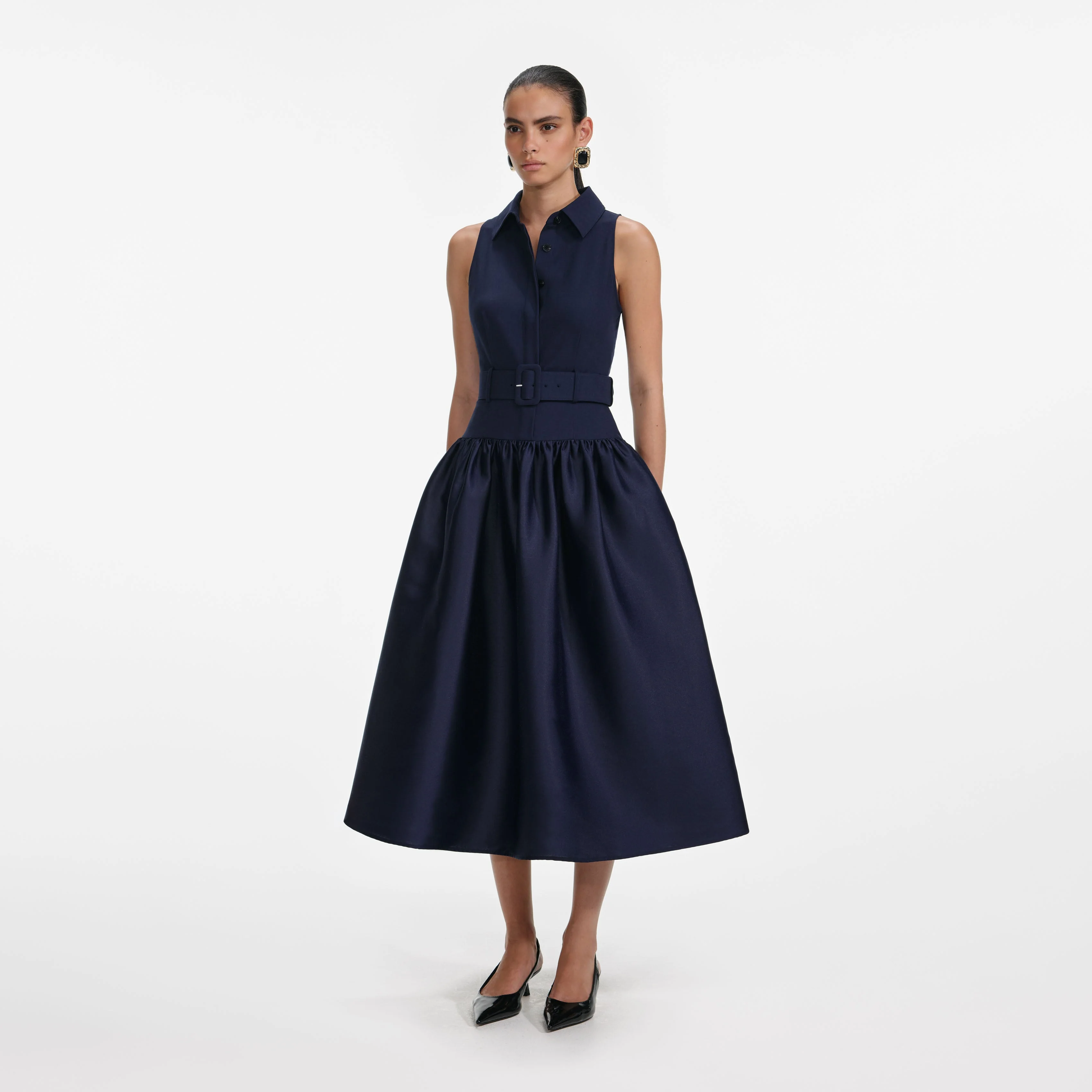 Navy Belted Twill Midi Dress - Image 2