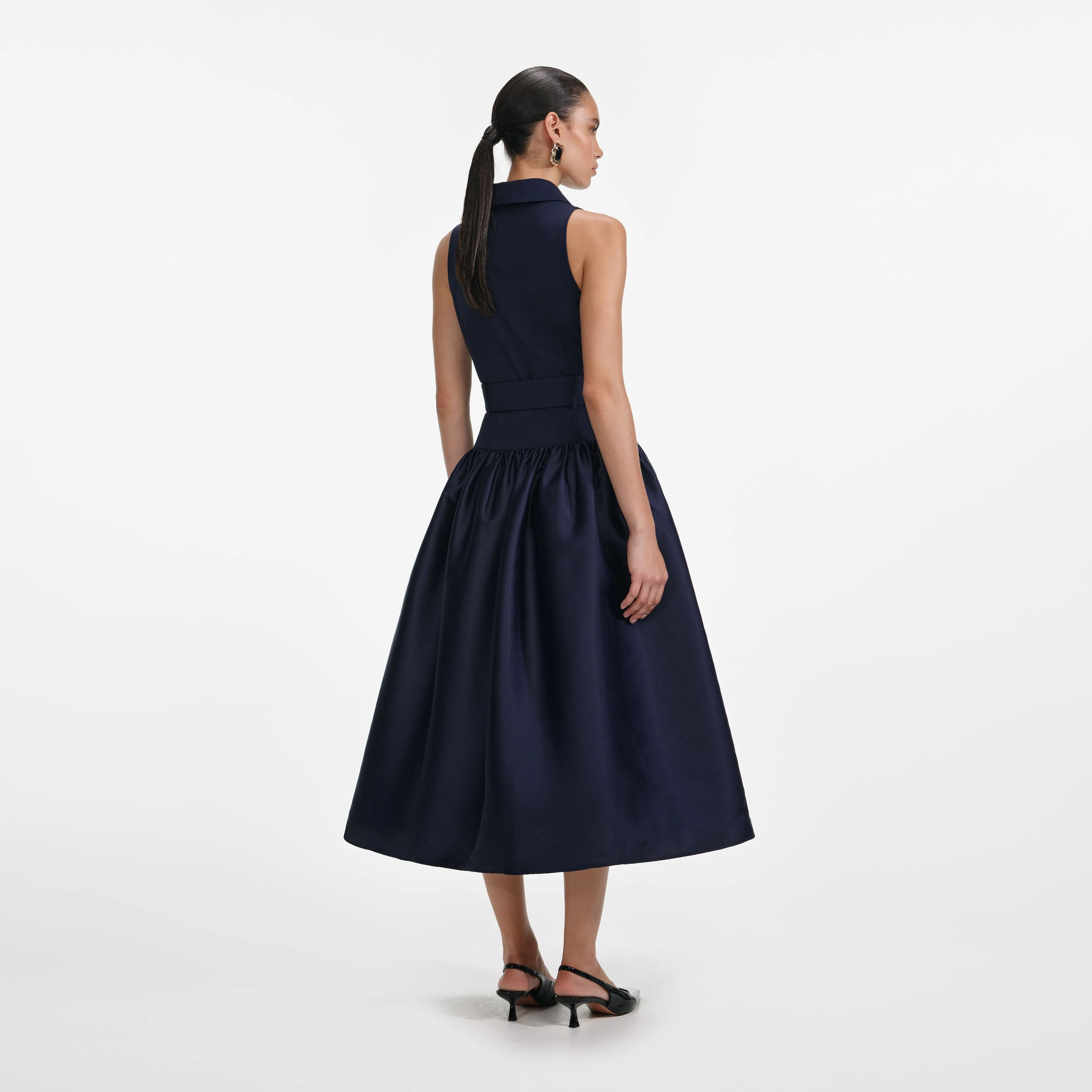 Navy Belted Twill Midi Dress - Image 3
