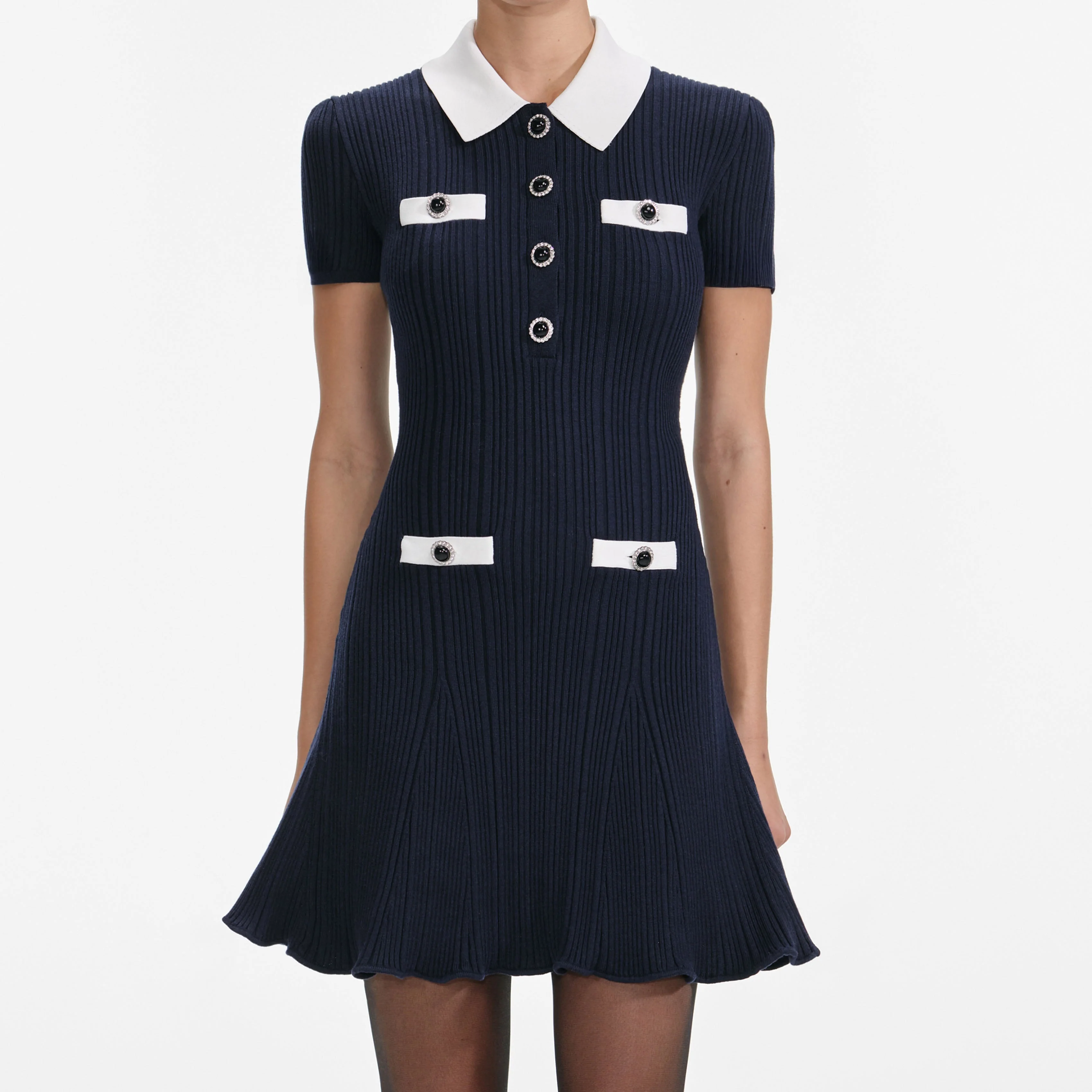 Navy Contrast Collar Knit Mini Dress - Image 4