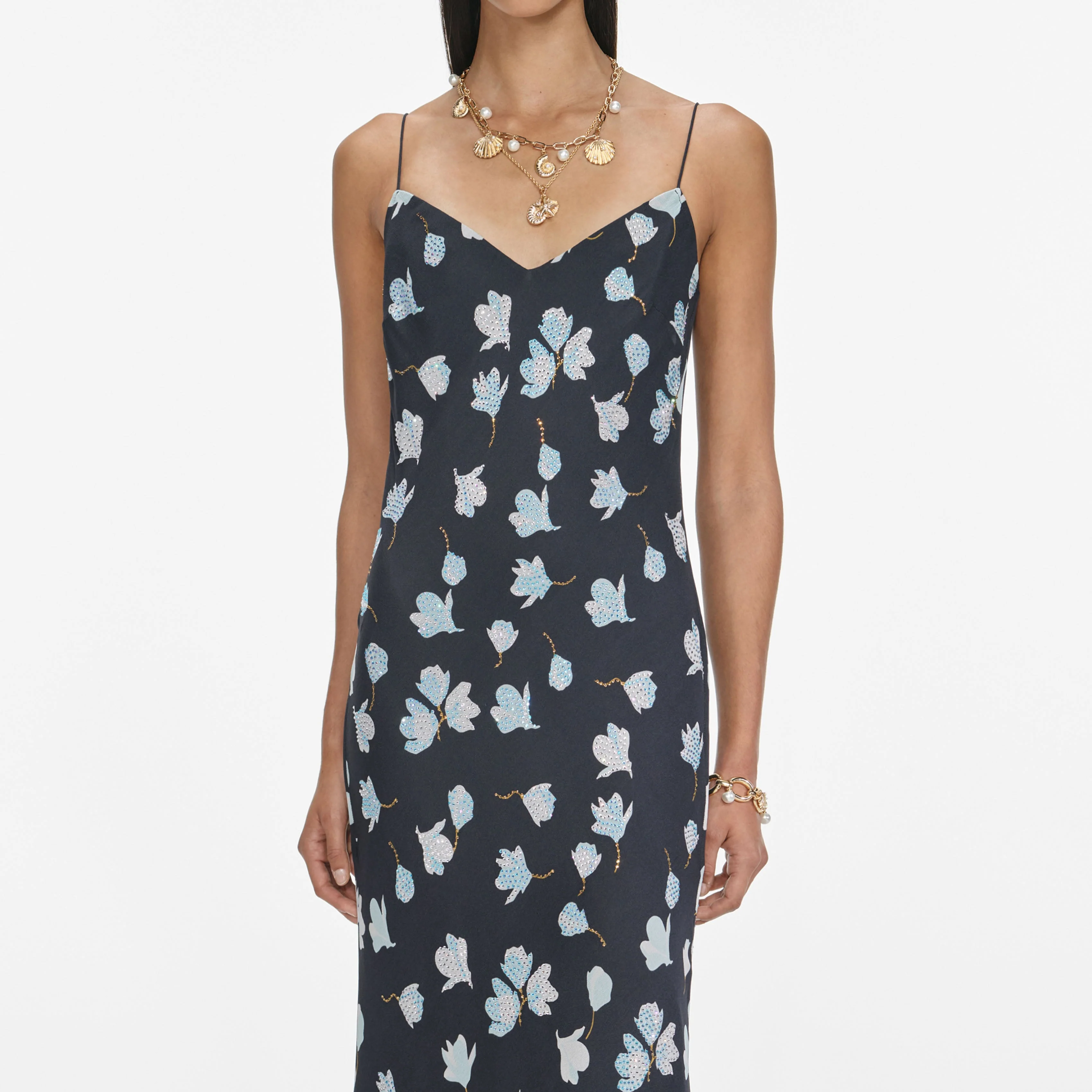 Navy Floral Rhinestone Midi Dress - Image 4