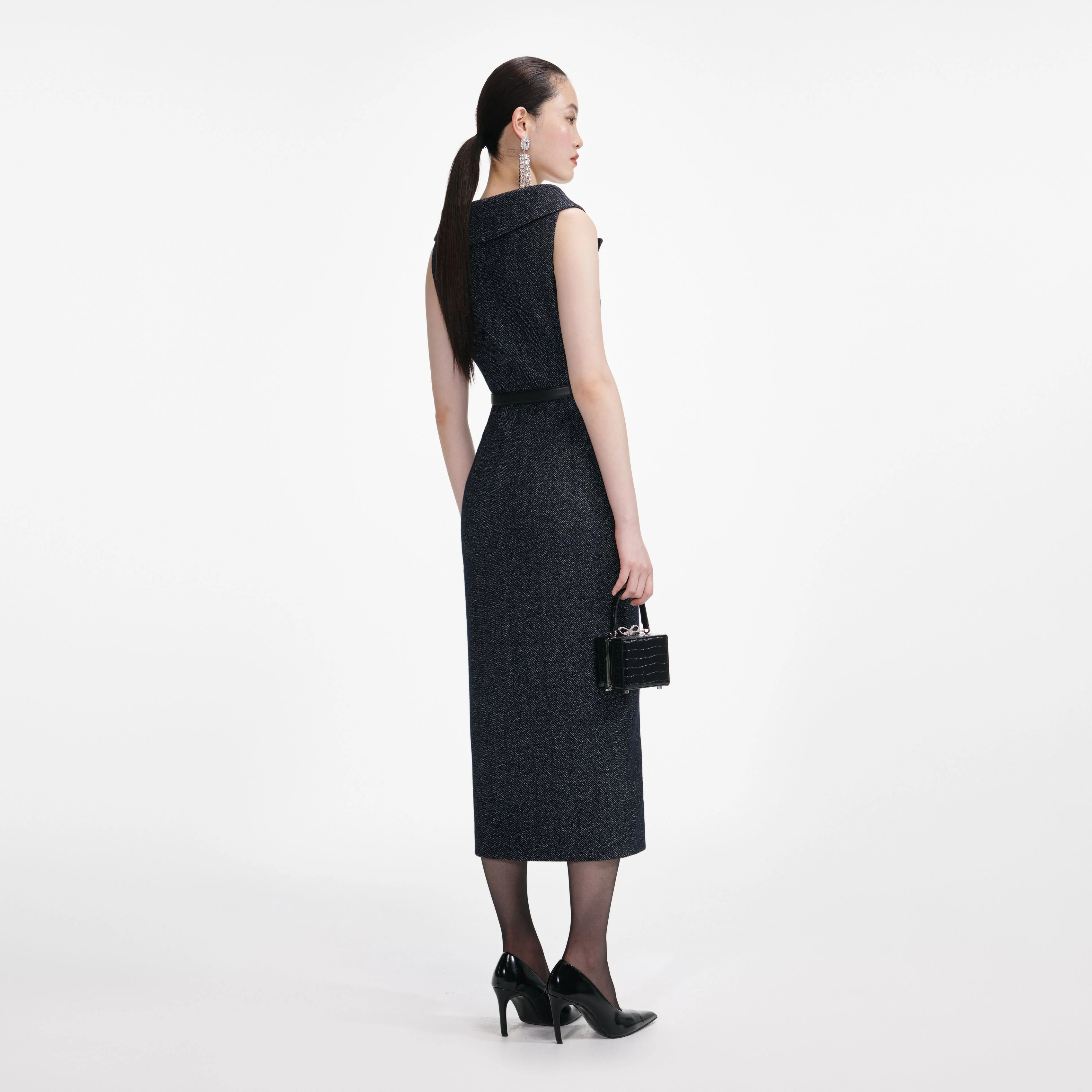 Navy Herringbone Wool Midi Dress - Image 3