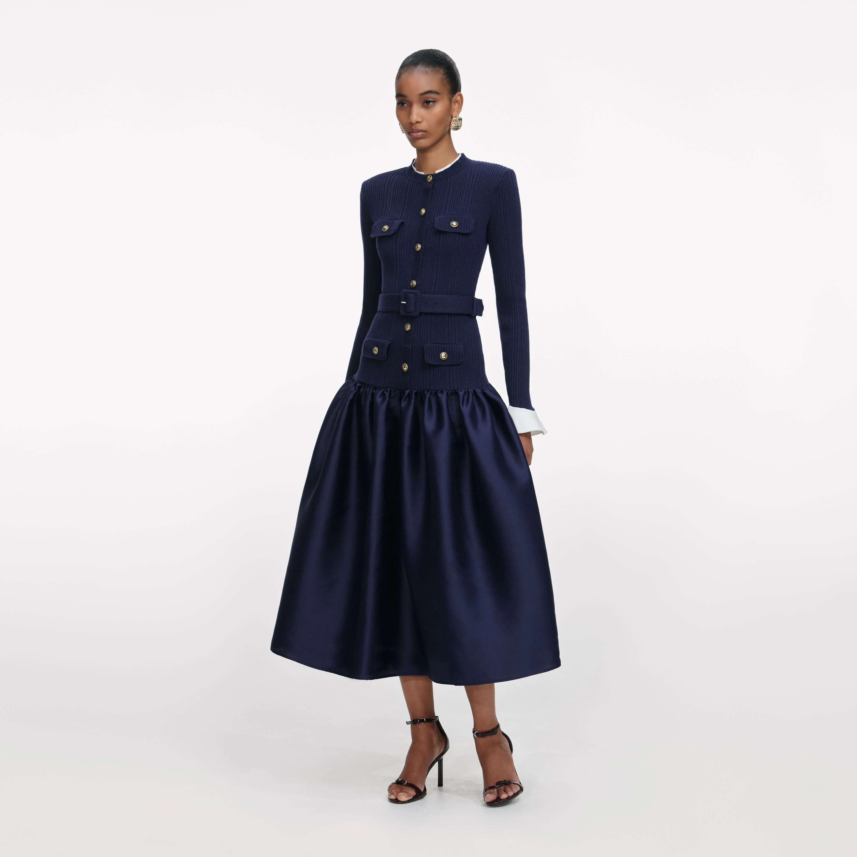 Navy Knit Taffeta Midi Dress - Image 2