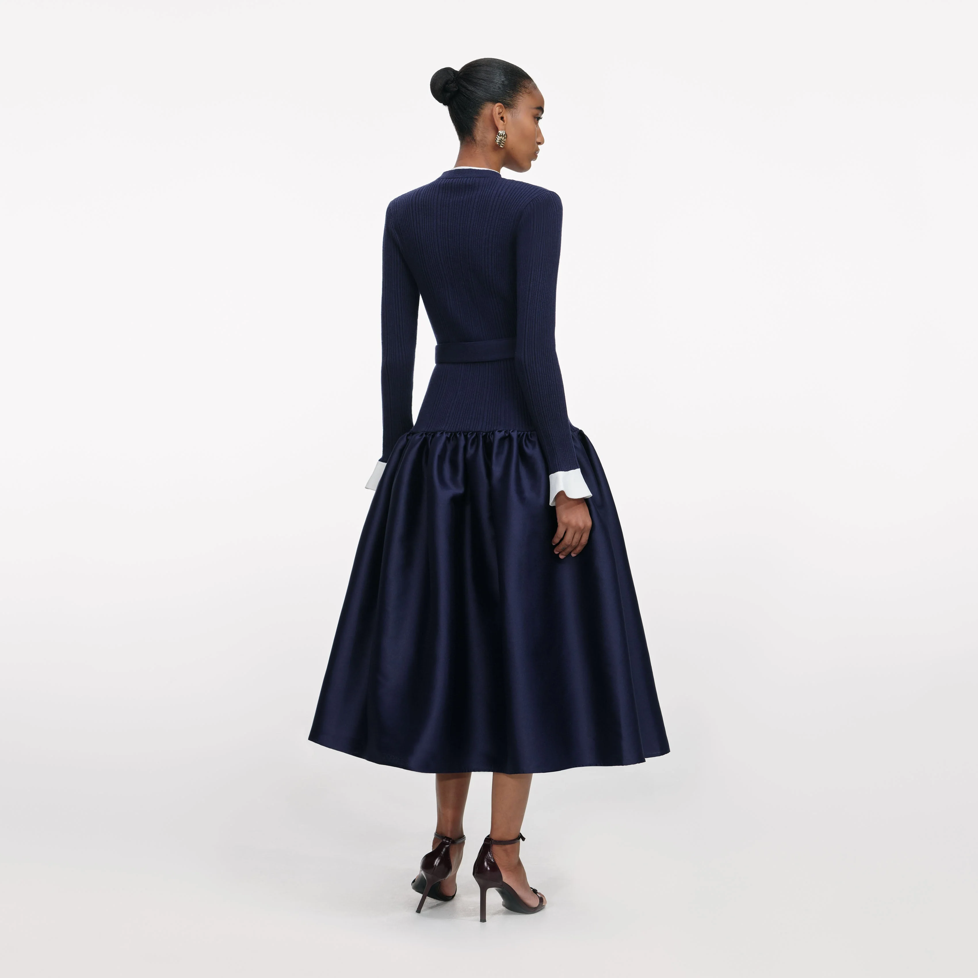 Navy Knit Taffeta Midi Dress - Image 3