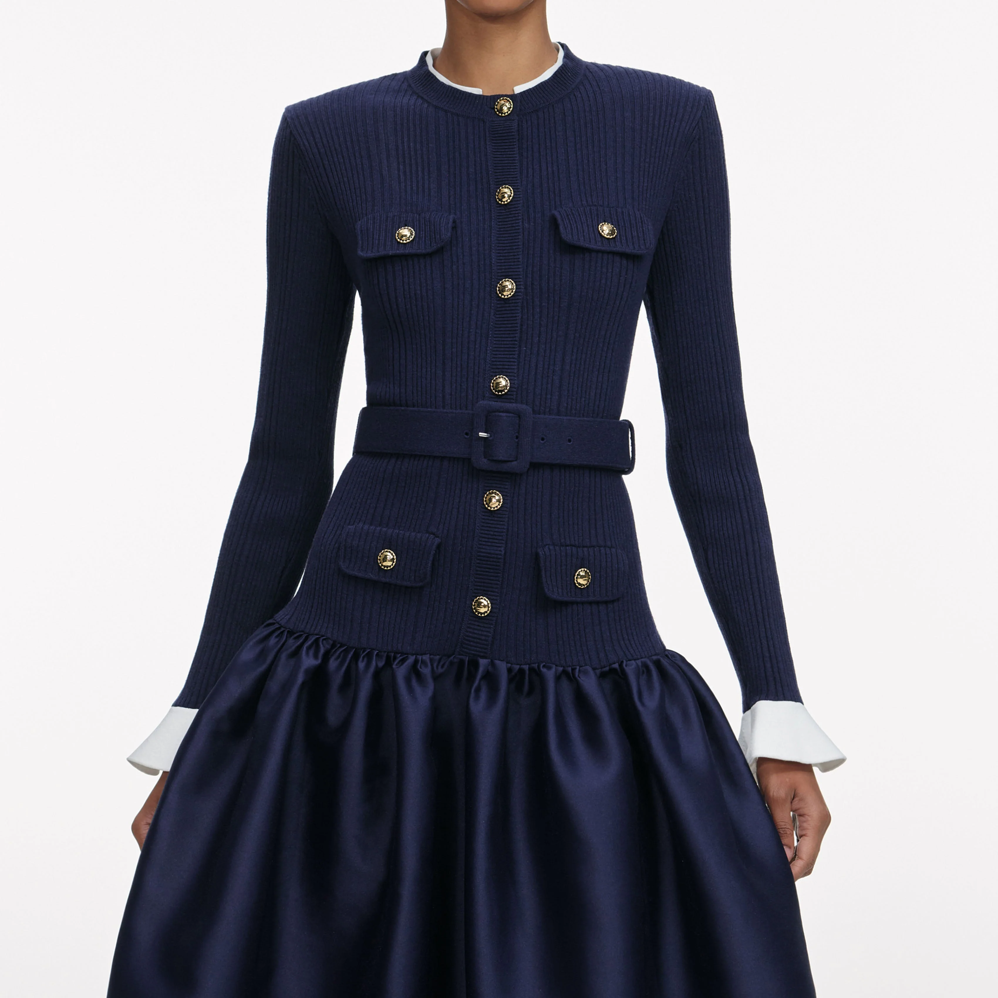 Navy Knit Taffeta Midi Dress - Image 4