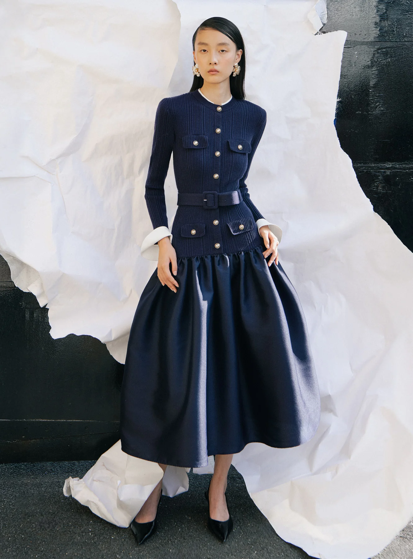 Navy Knit Taffeta Midi Dress - Image 6