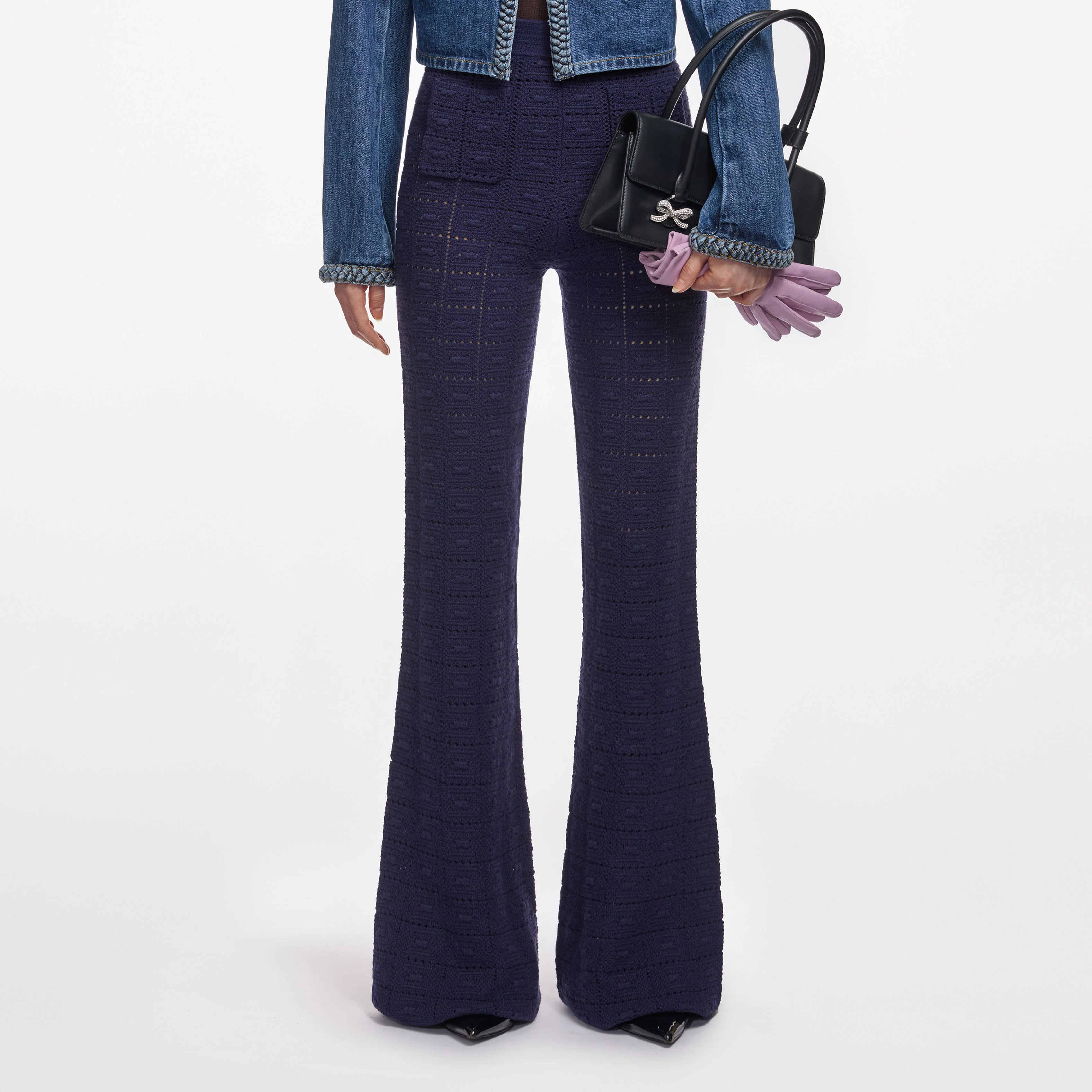 Navy Pointelle Knit Trousers - Image 4