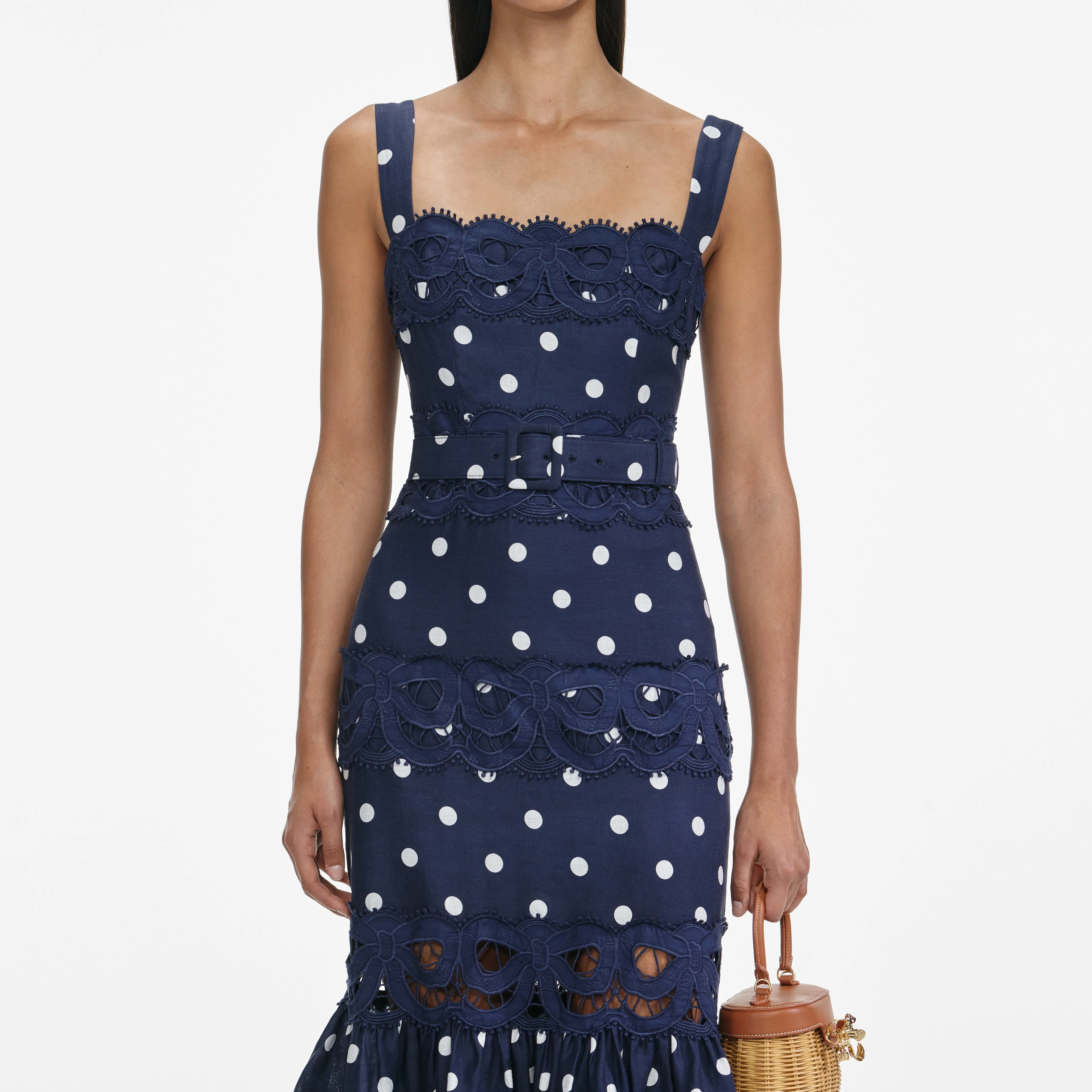 Navy Polka Dot Linen Midi Dress - Image 4