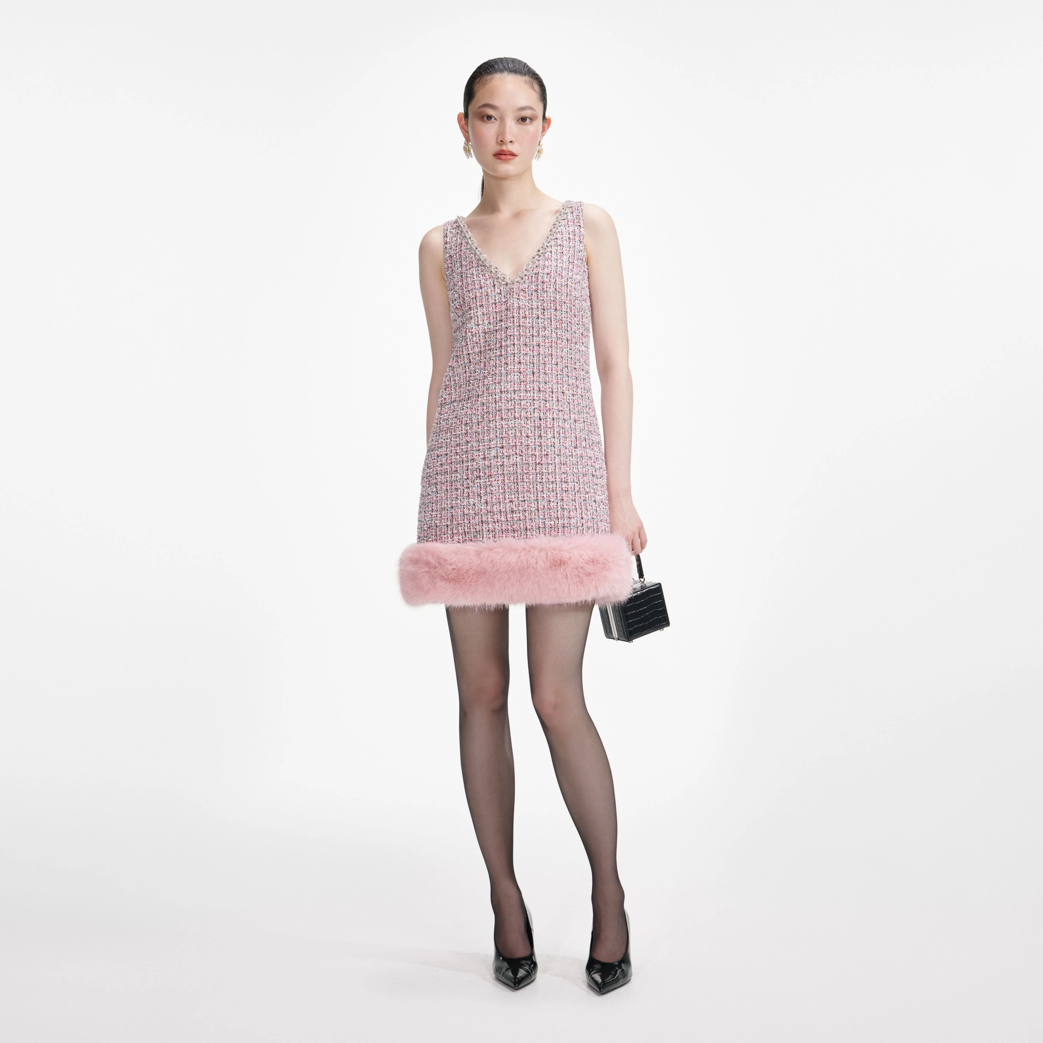 Pink Boucle Fur Hem Mini Dress