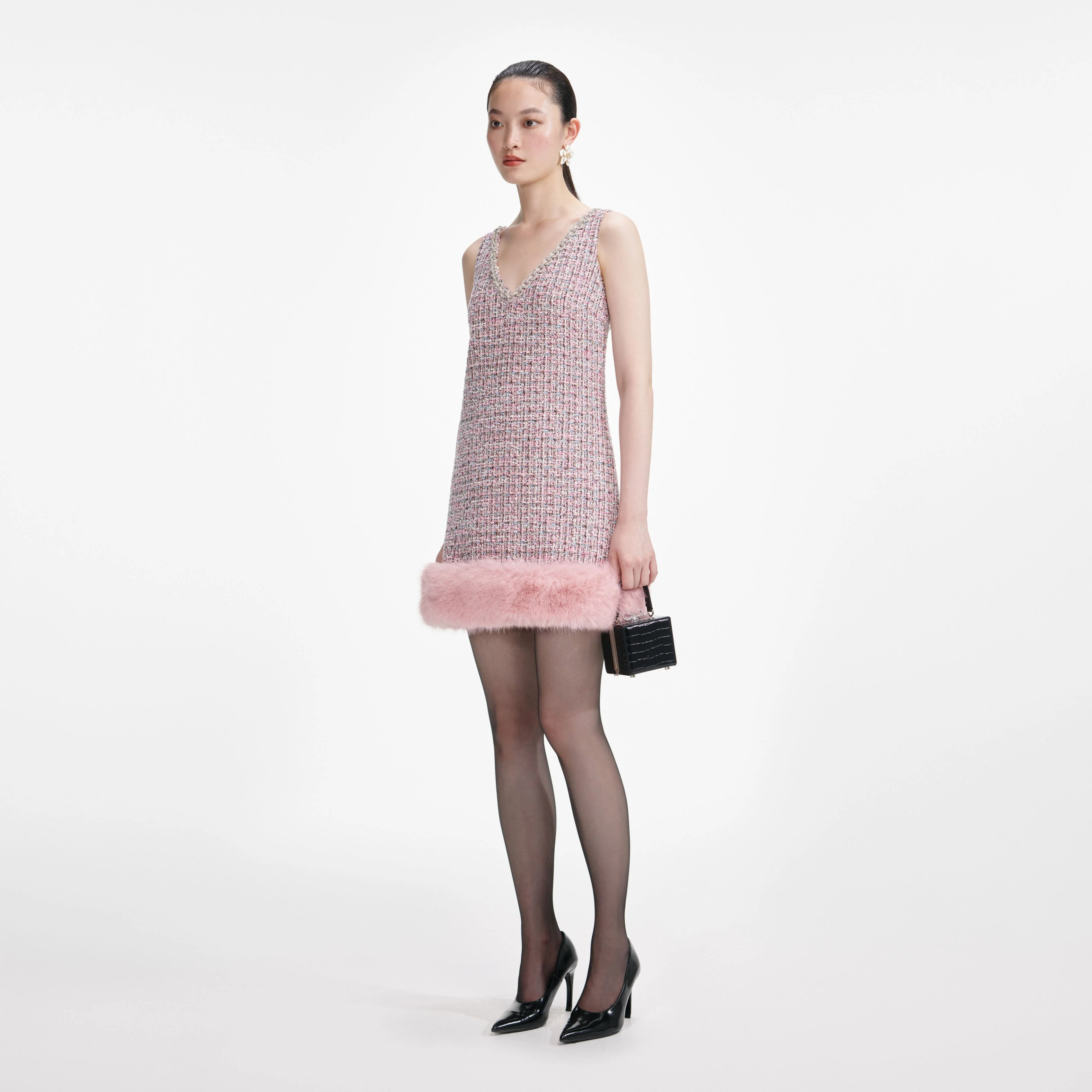 Pink Boucle Fur Hem Mini Dress - Image 2