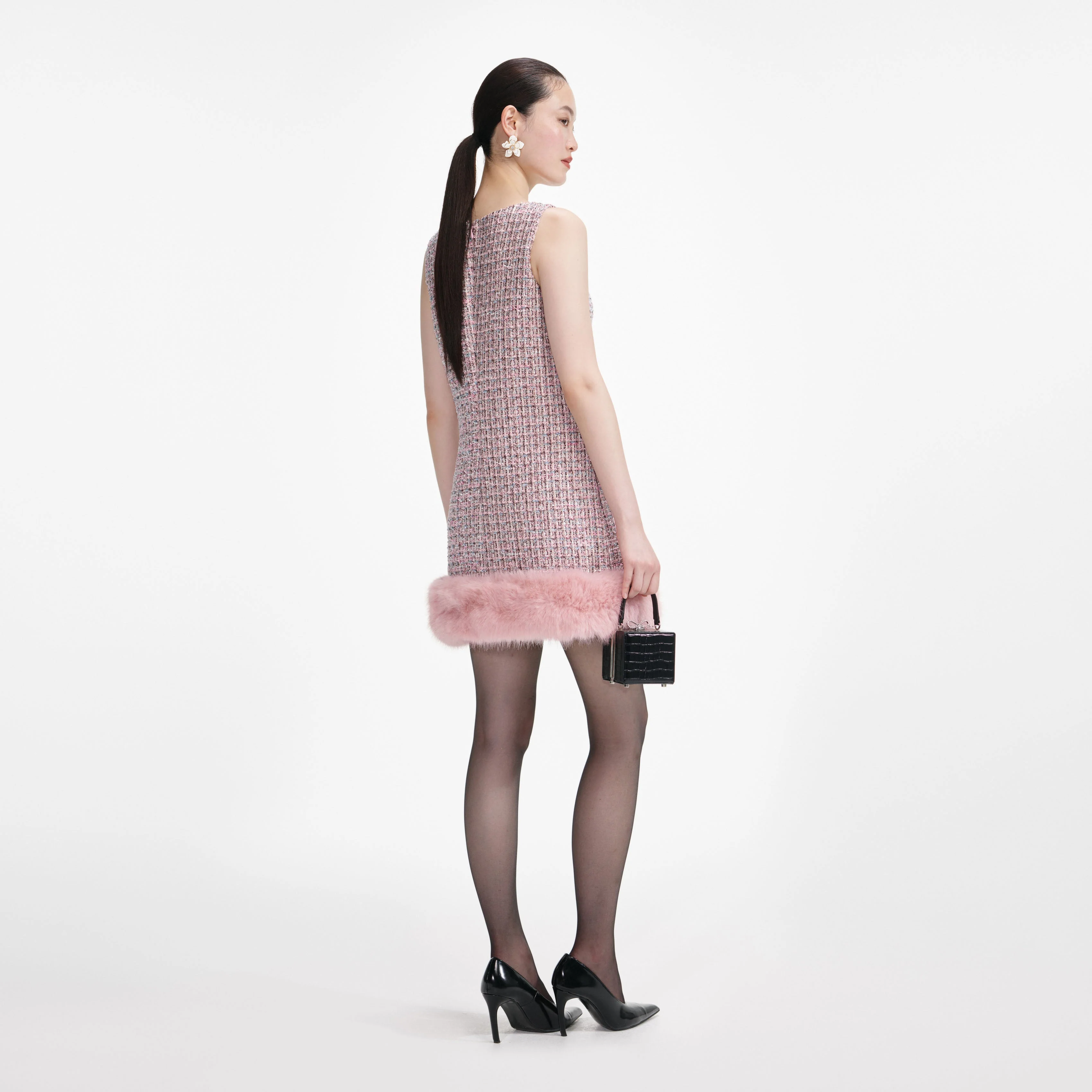Pink Boucle Fur Hem Mini Dress - Image 3