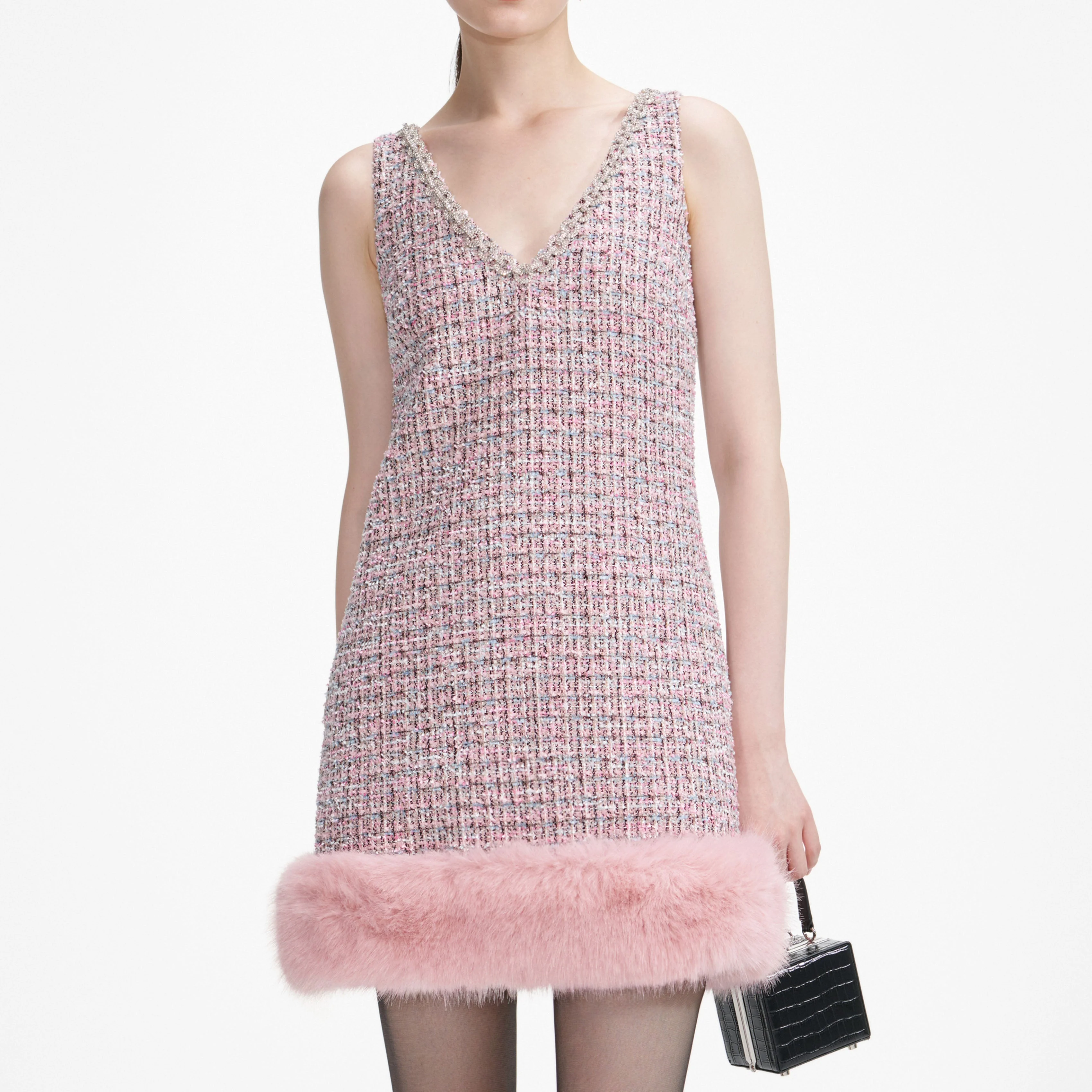 Pink Boucle Fur Hem Mini Dress - Image 4
