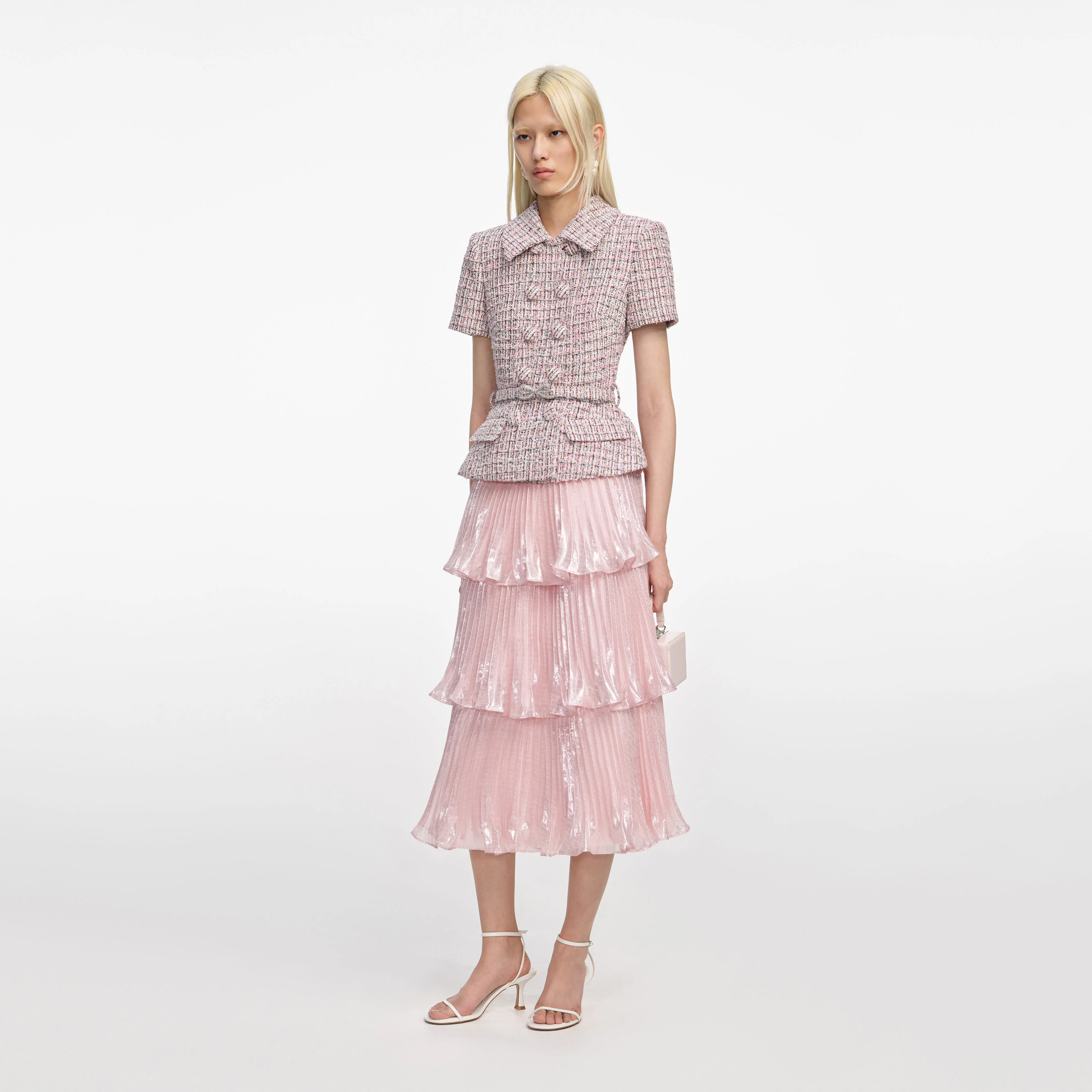 Pink Boucle Metallic Tiered Midi Dress - Image 2