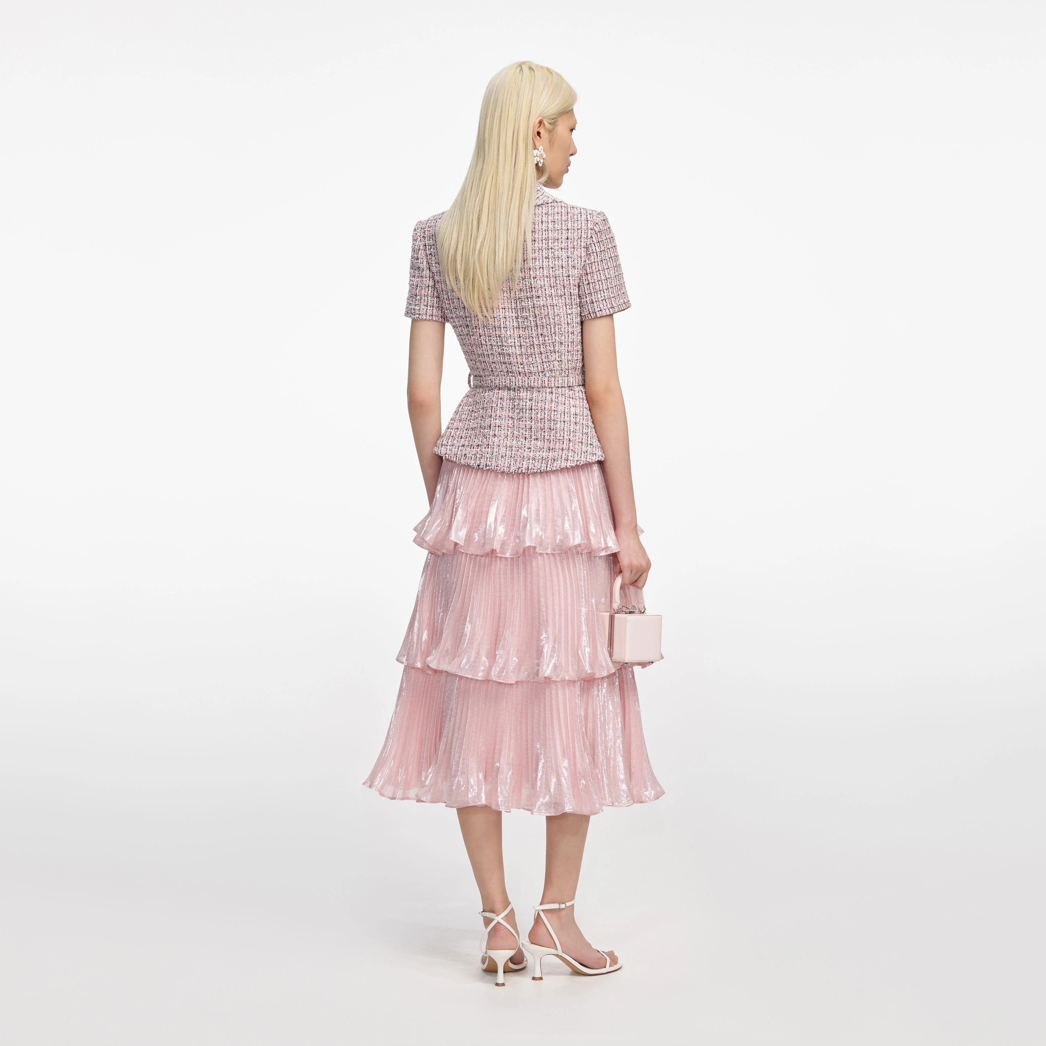 Pink Boucle Metallic Tiered Midi Dress - Image 3